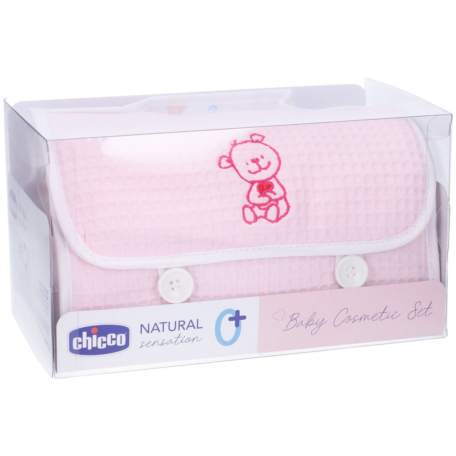 Confezione con borsa cosmetica rosa con ricamo orsetto, due bottoni. Marchio Chicco, Natural Sensation, Baby Cosmetic Set.