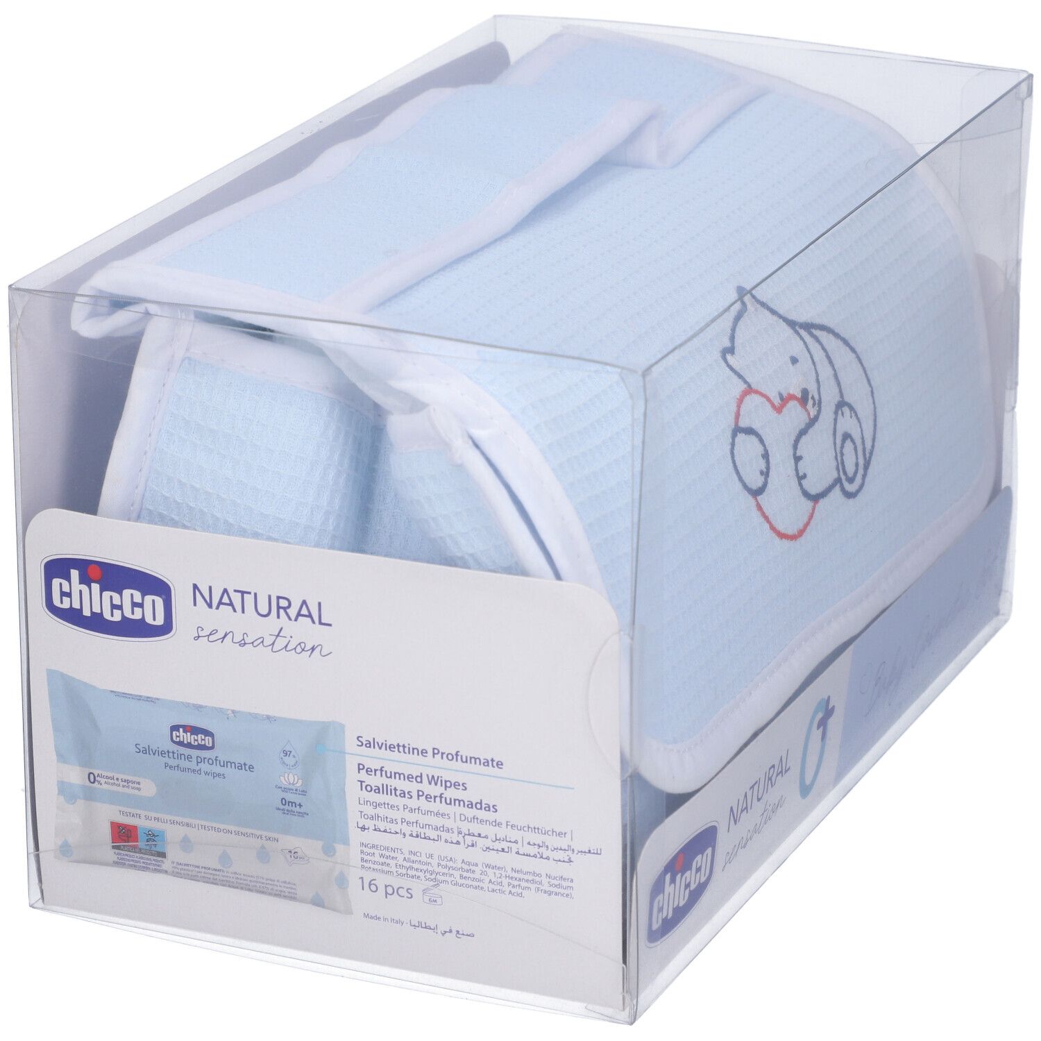 Chicco Natural Sensation Baby Cosmetic Set in transparent box. Includes wipes. Blue cosmetic bag with elephant.