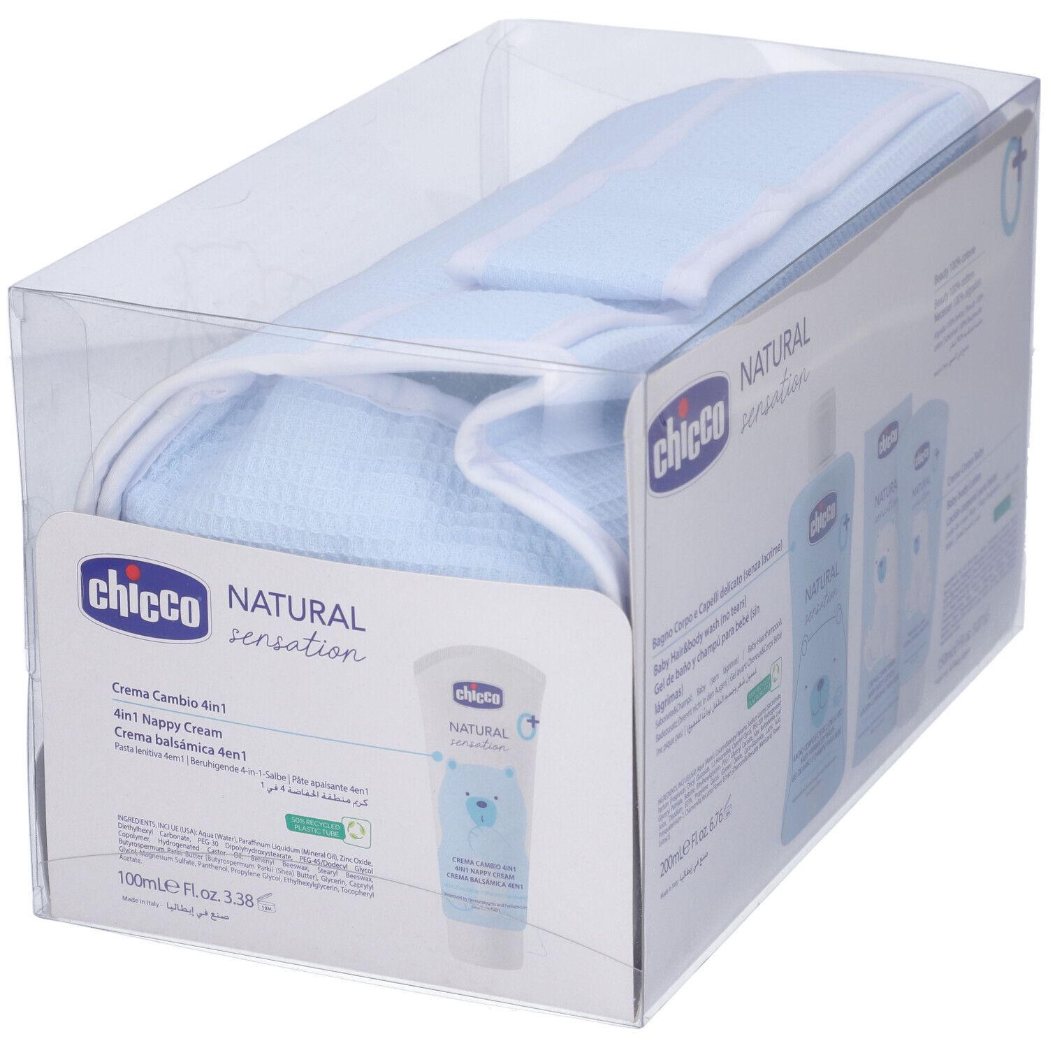 Chicco Natural Sensation Baby Cosmetic Set in transparent box. Includes nappy cream. Blue cosmetic bag.