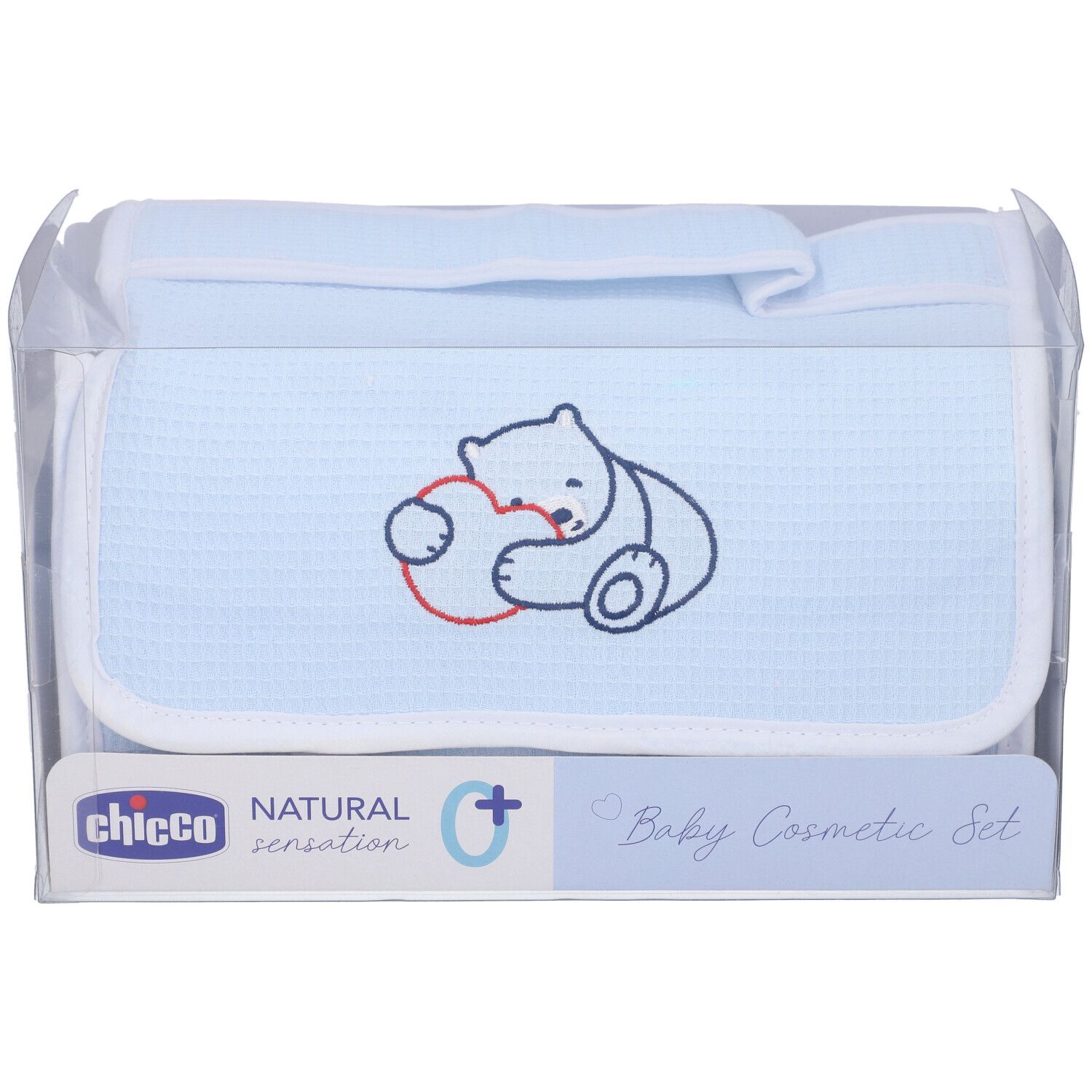 Chicco Natural Sensation Baby Cosmetic Set in transparent box. Blue cosmetic bag with bear and heart.