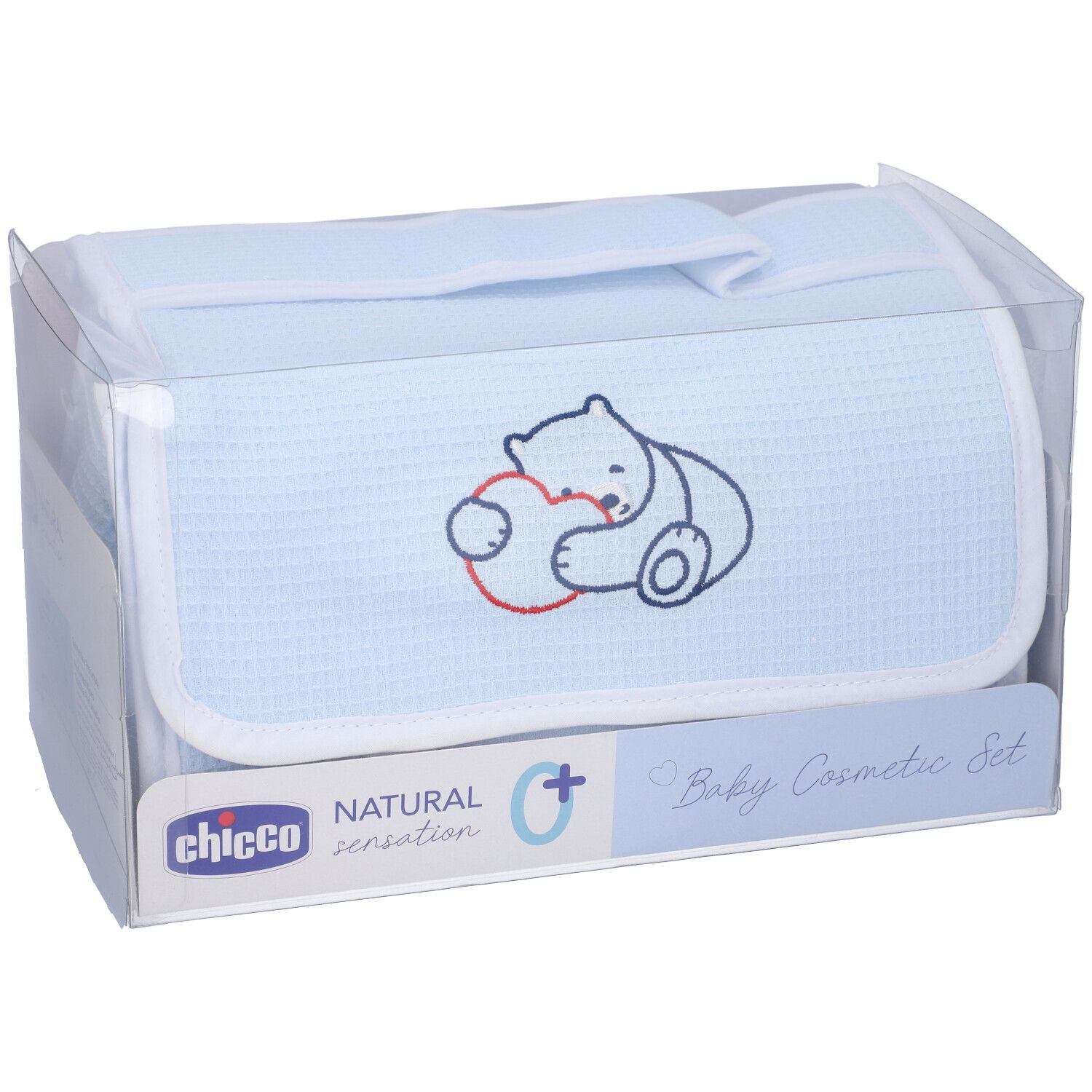 Chicco Natural Sensation Baby Cosmetic Set in transparent box. Blue cosmetic bag with bear and heart.