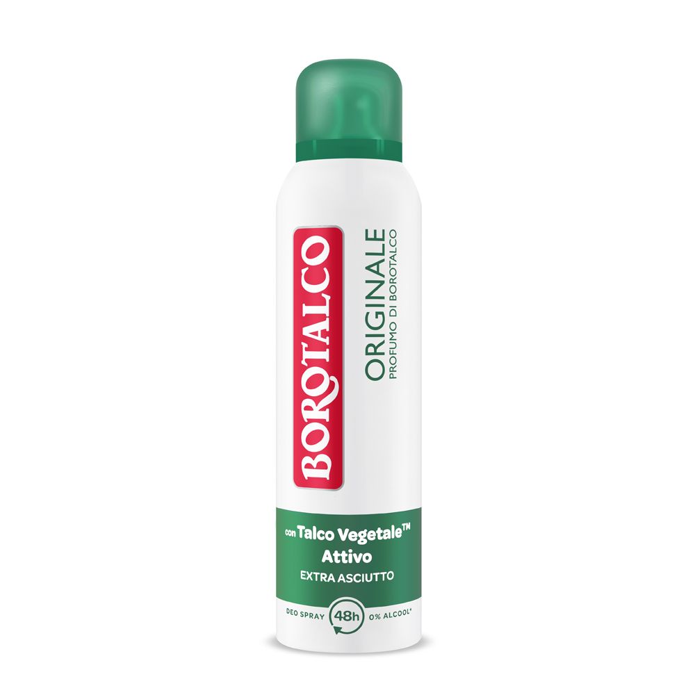 Borotalco Originale Spray: weiße Dose mit rotem Logo, grüner Verschluss. Enthält Talco Vegetale Attivo.