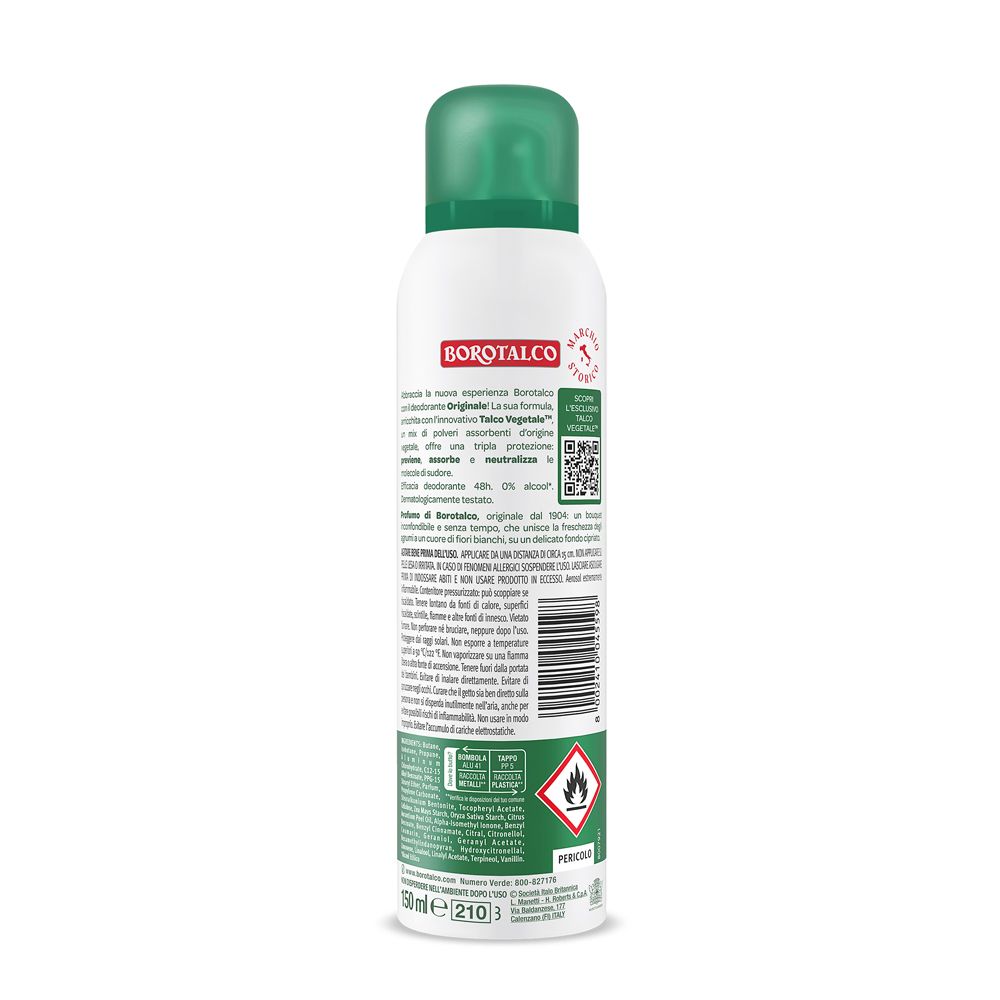 Rückseite der Borotalco Originale Spray Dose mit Produktinformationen und Inhaltsstoffen.