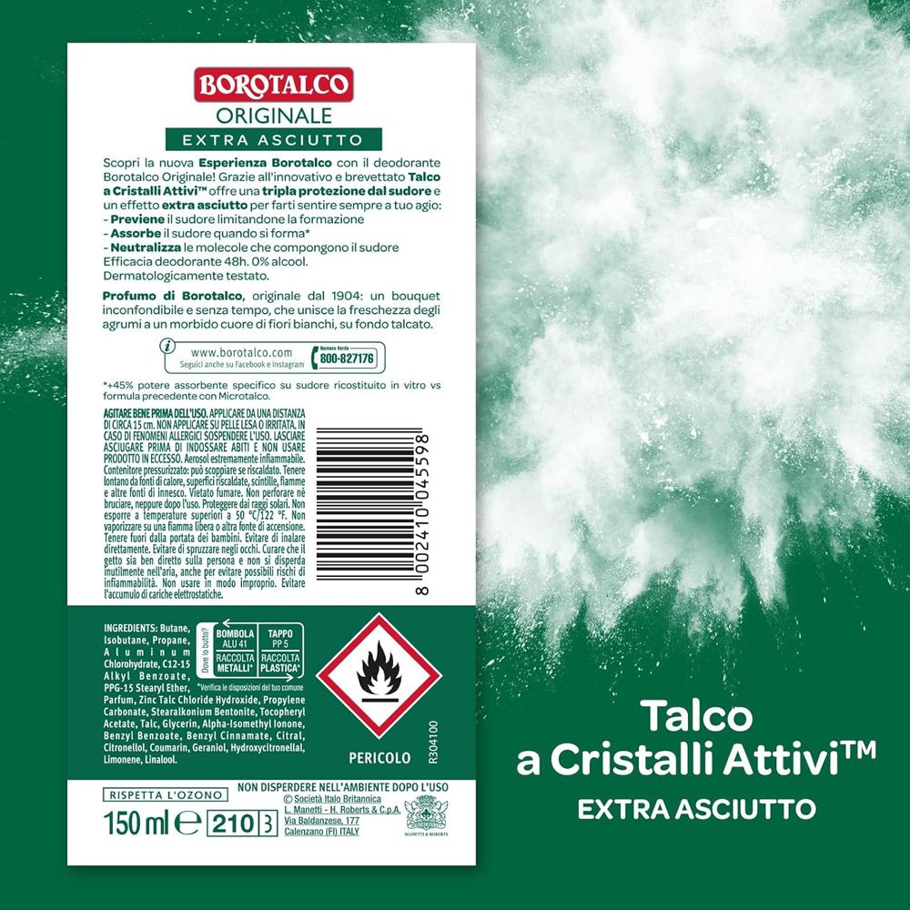 Borotalco Originale Spray: Dose mit Informationen zu Talco a Cristalli Attivi, Extra Asciutto.