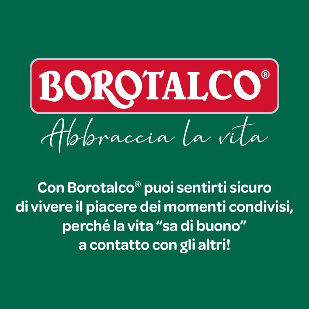 Borotalco Logo mit Slogan 'Abbraccia la vita'. Text über Sicherheit und Lebensfreude.