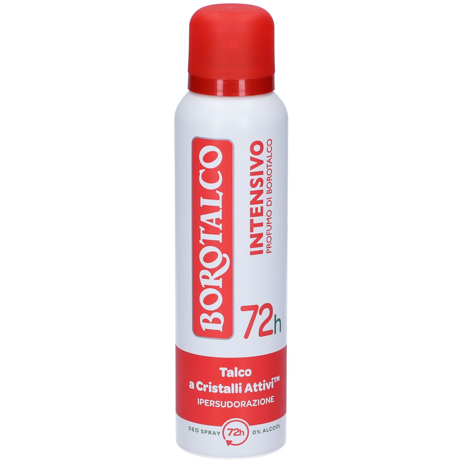 Bomboletta spray bianca e rossa. Logo BOROTALCO, scritta INTENSIVO, indicazione 72h. Talco a Cristalli Attivi, Ipersudorazione.