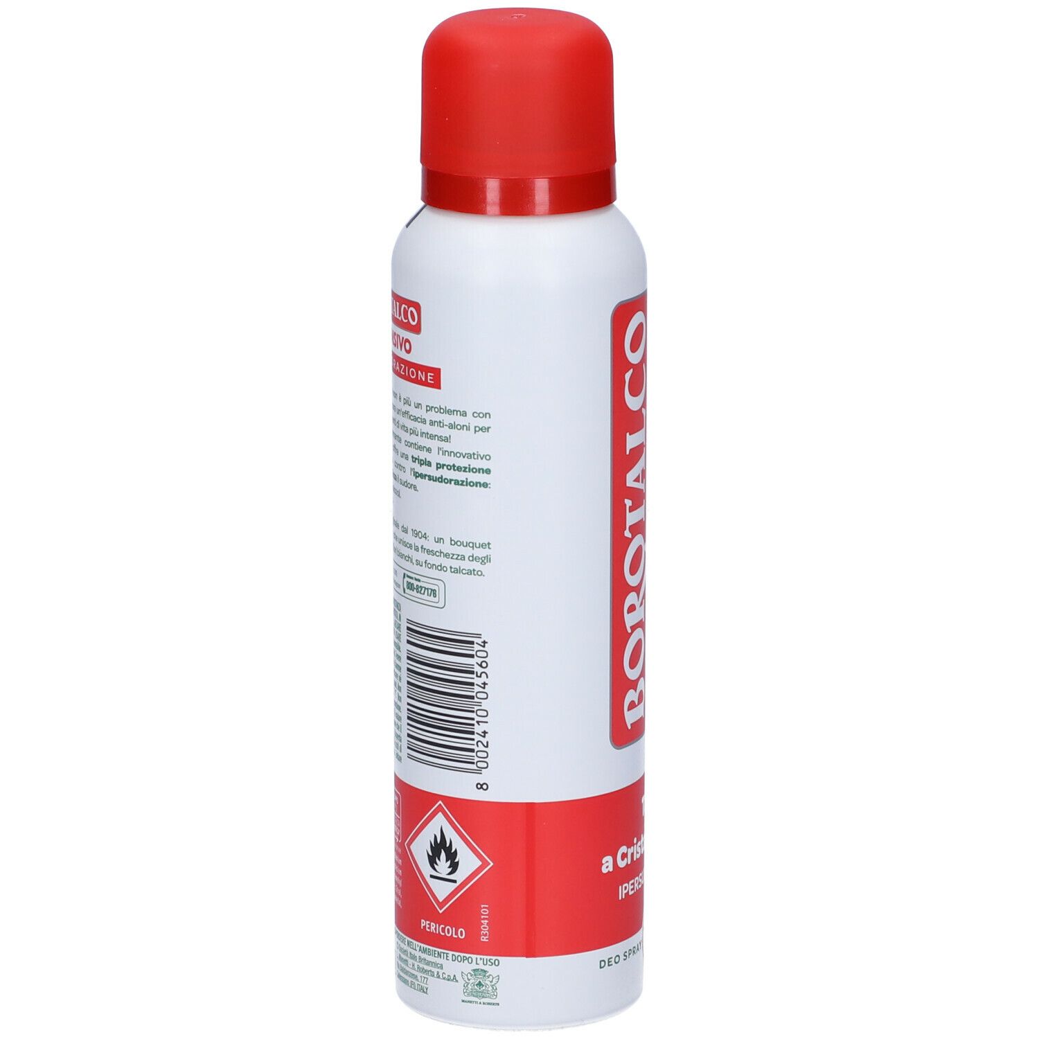 Bomboletta spray bianca e rossa. Retro con testo e avvertenze. Logo BOROTALCO, scritta INTENSIVO, Talco a Cristalli Attivi.