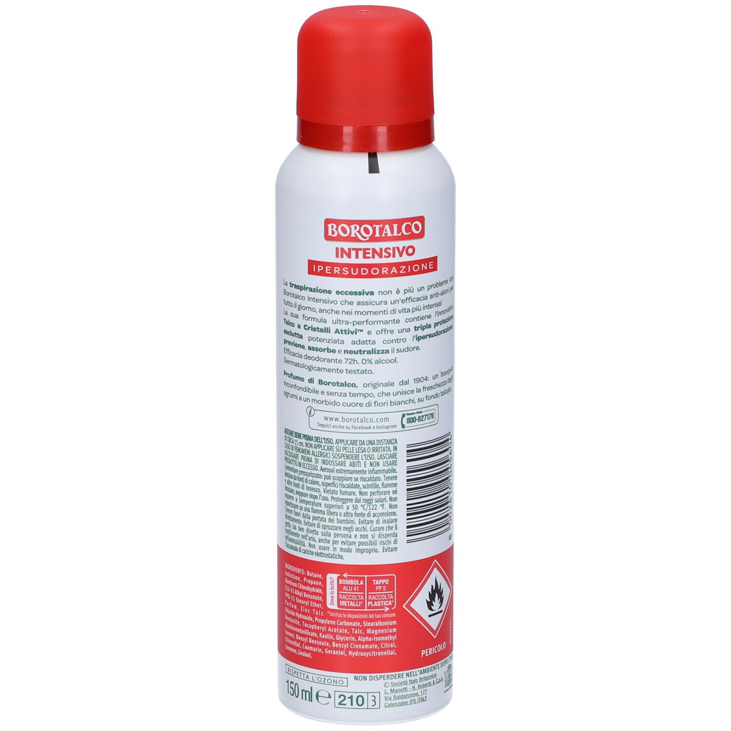 Bomboletta spray bianca e rossa. Retro con testo. Logo BOROTALCO, scritta INTENSIVO, Talco a Cristalli Attivi, 150ml.