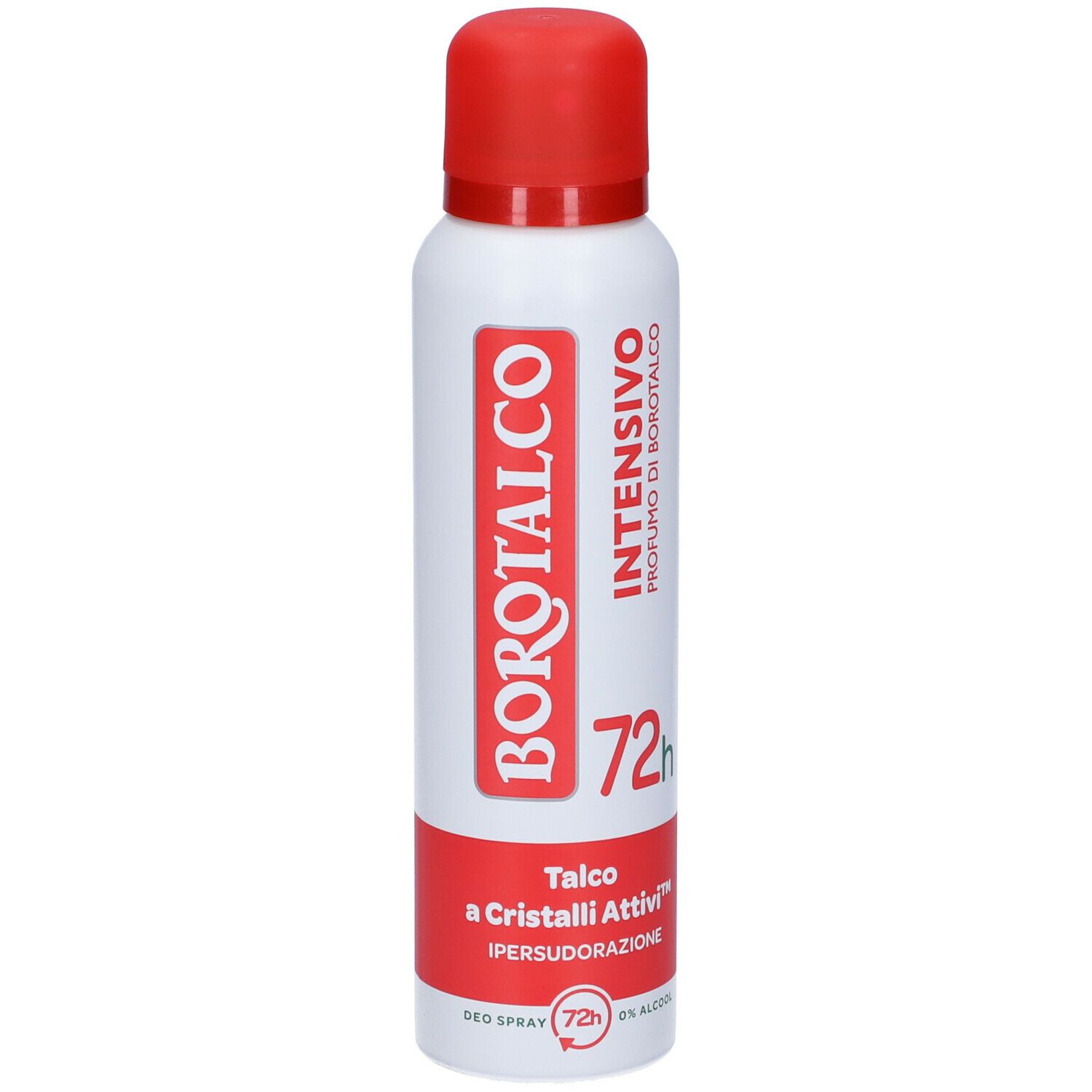 Bomboletta spray bianca e rossa. Logo BOROTALCO, scritta INTENSIVO, indicazione 72h. Talco a Cristalli Attivi, Ipersudorazione.
