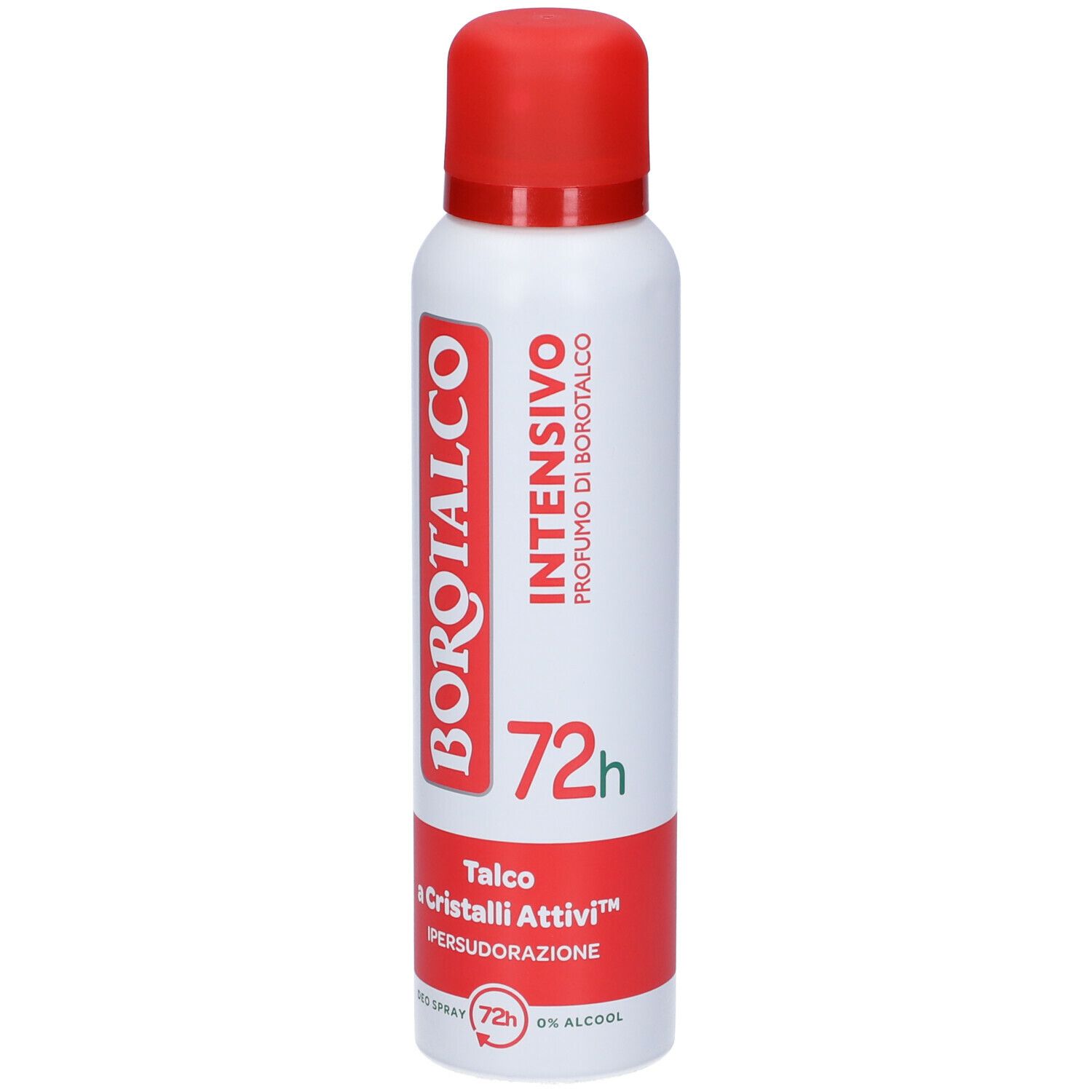 Bomboletta spray bianca e rossa. Logo BOROTALCO, scritta INTENSIVO, indicazione 72h. Talco a Cristalli Attivi, Ipersudorazione.