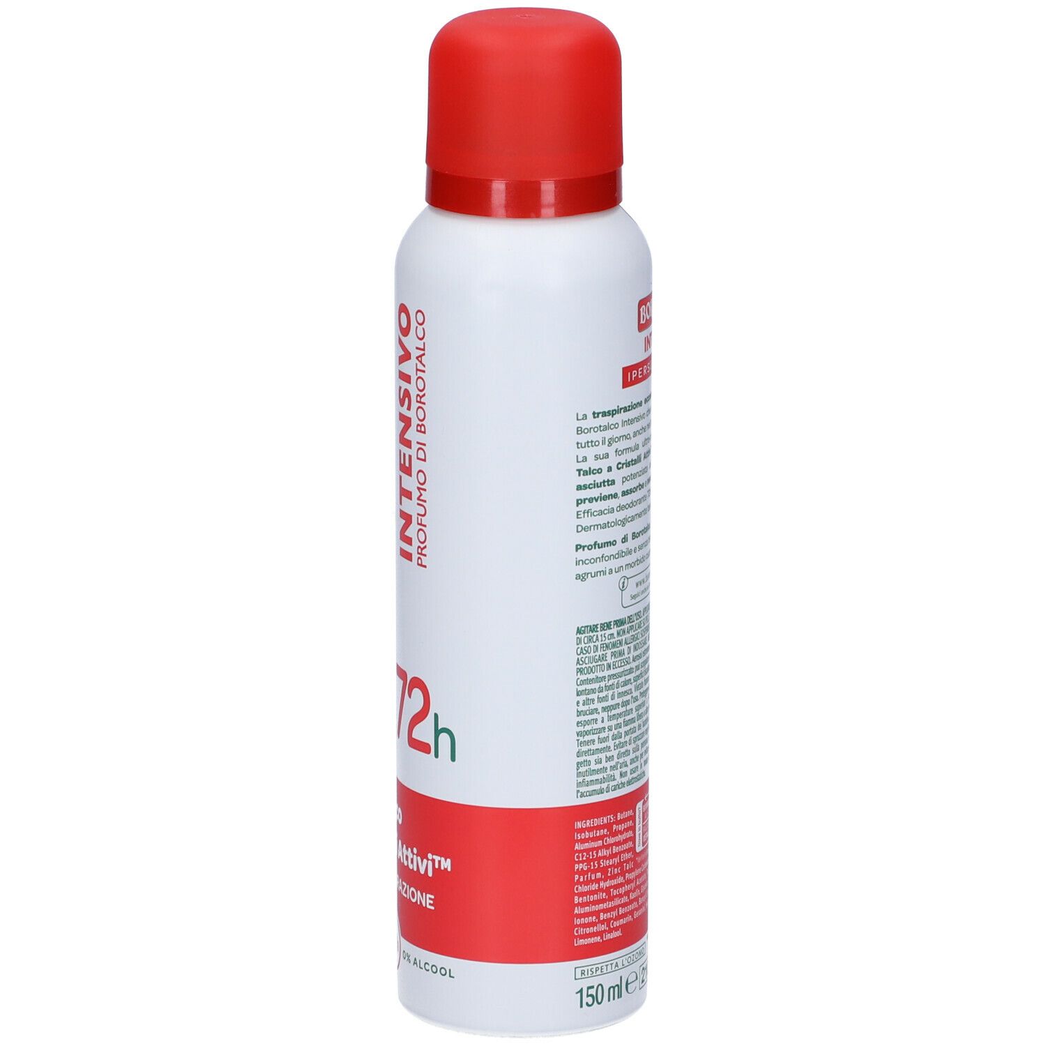 Bomboletta spray bianca e rossa. Retro con testo. Logo BOROTALCO, scritta INTENSIVO, Talco a Cristalli Attivi, 150ml.