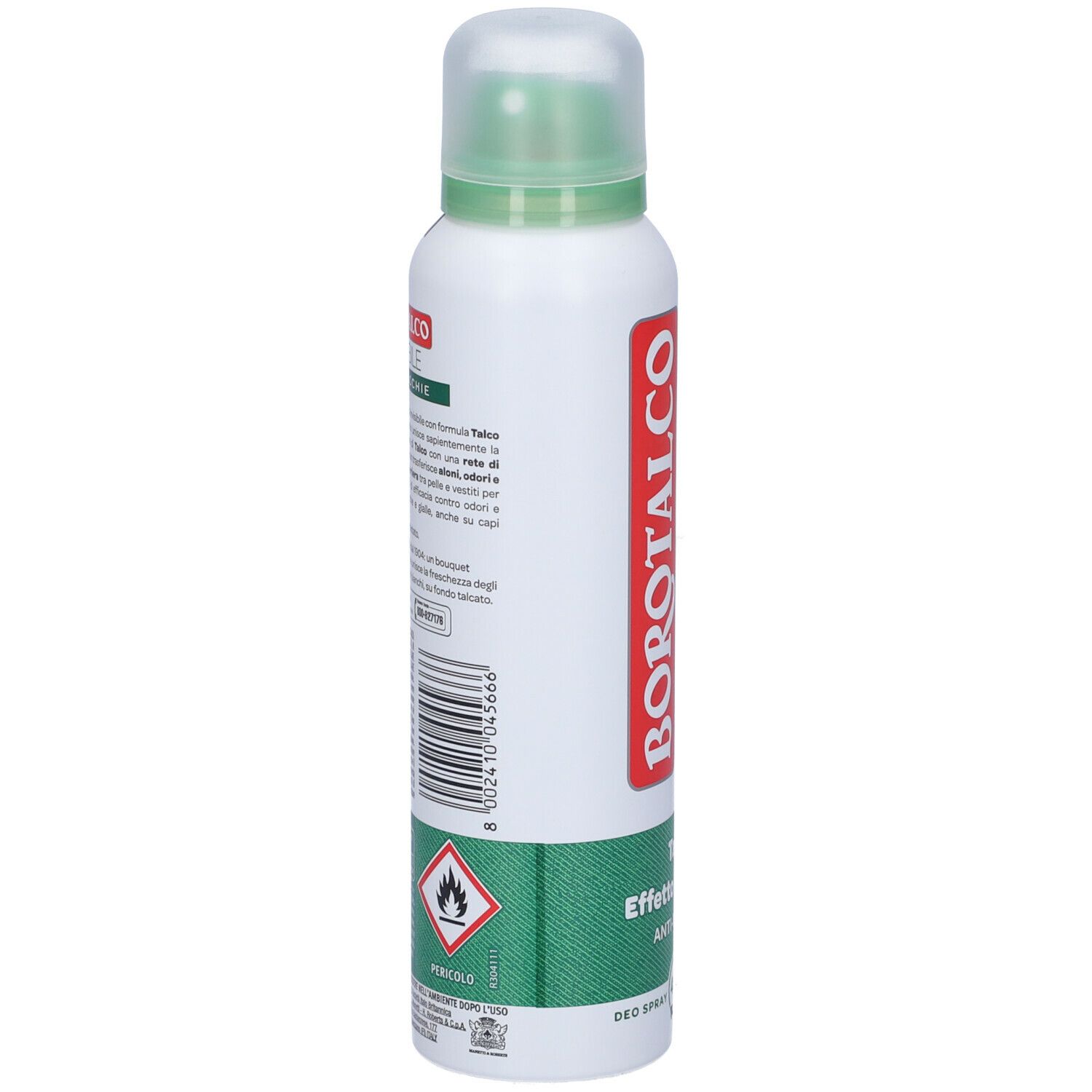 Retro del deodorante spray. Bianco, con testo e codice a barre. Area verde con testo e pittogrammi. Avvertenza e simbolo di fiamma.