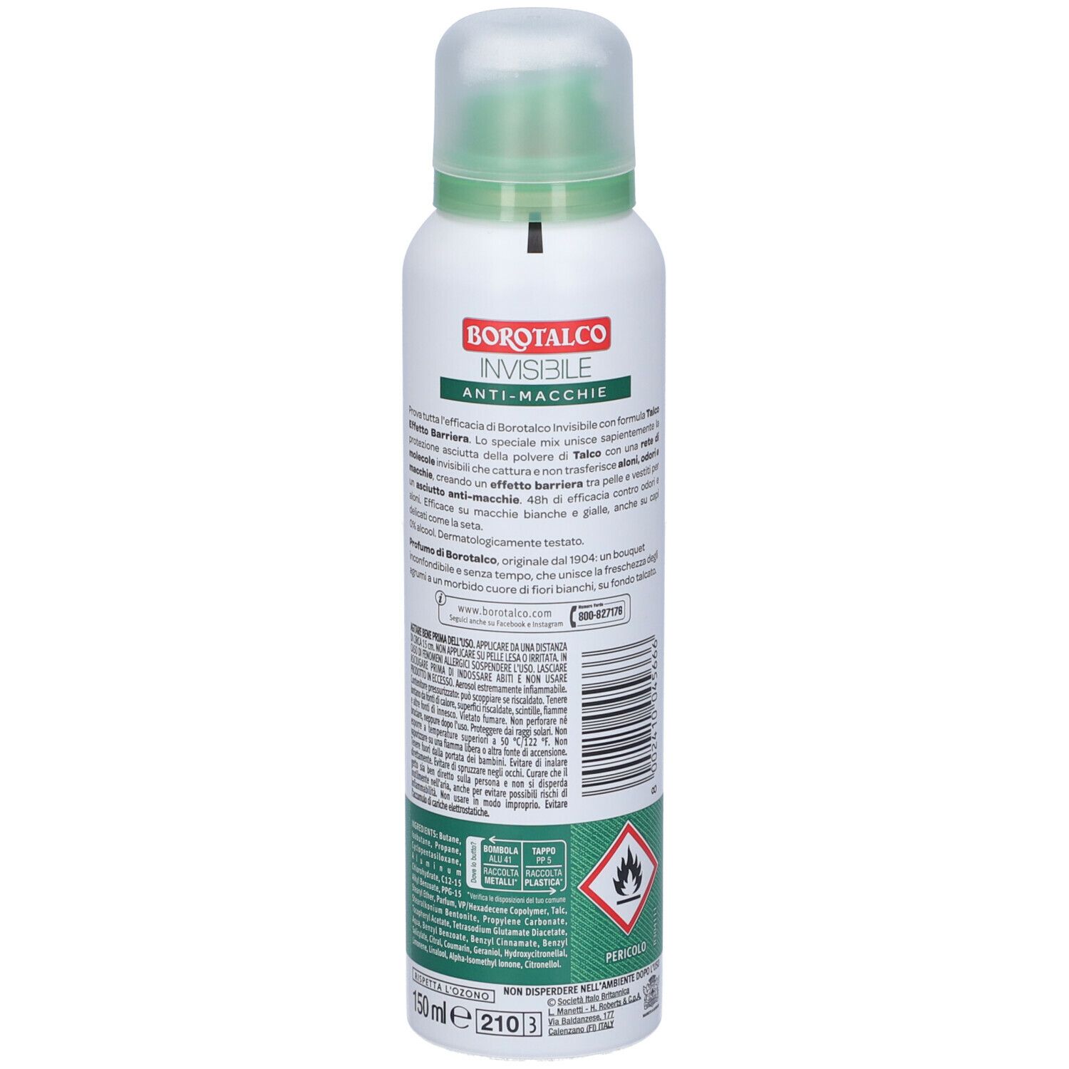 Retro del deodorante spray. Bianco, con testo e codice a barre. Area verde con testo e pittogrammi. Avvertenza e simbolo di fiamma.