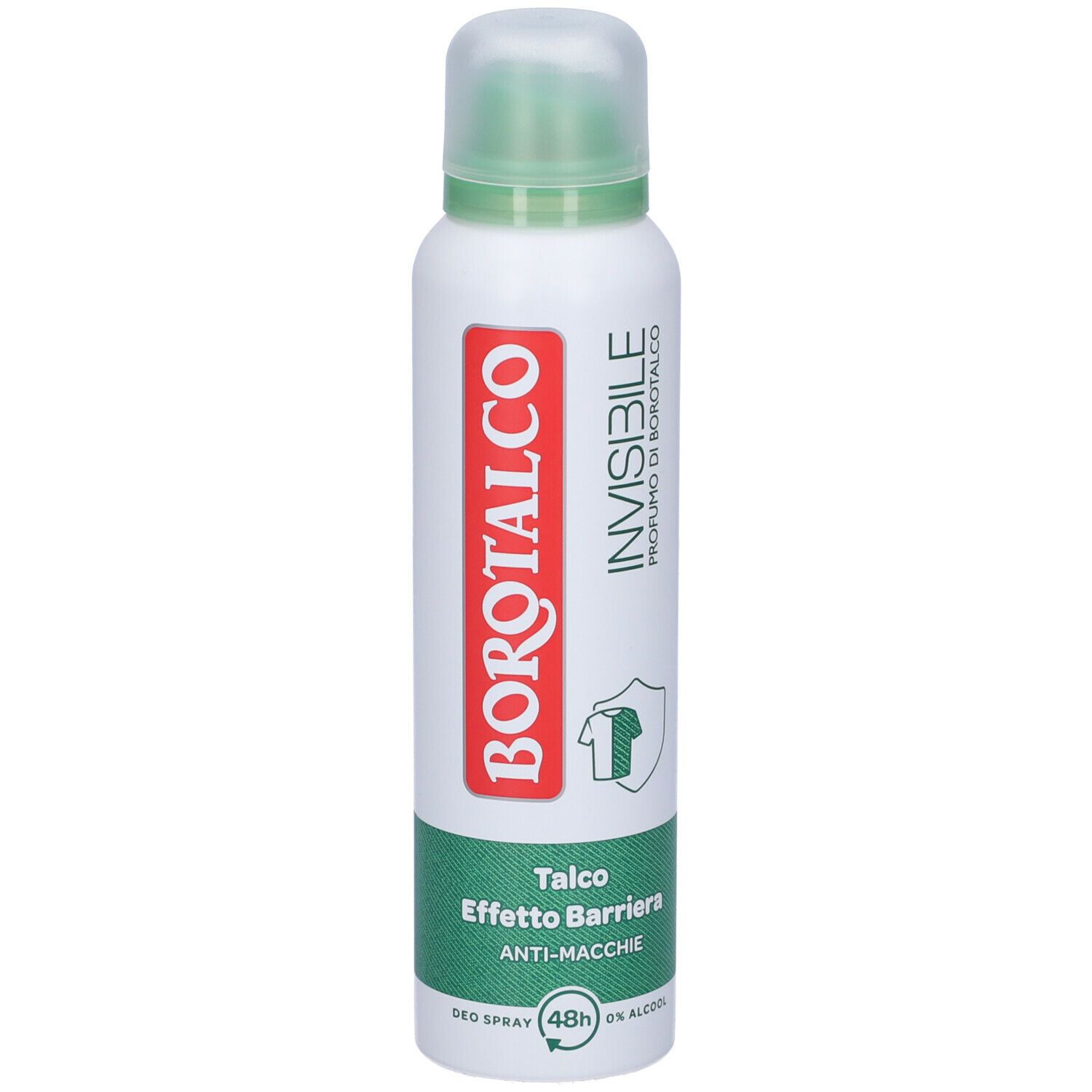 Deodorante spray bianco con tappo verde. Scritta rossa BOROTALCO, fascia verde con testo. Scritta: INVISIBILE, anti-macchie.