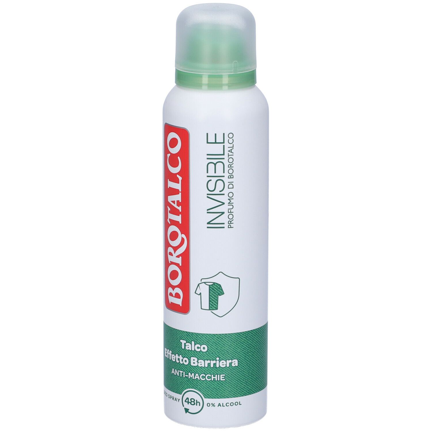 Deodorante spray bianco con tappo verde. Scritta rossa BOROTALCO, fascia verde con testo. Scritta: INVISIBILE, anti-macchie.