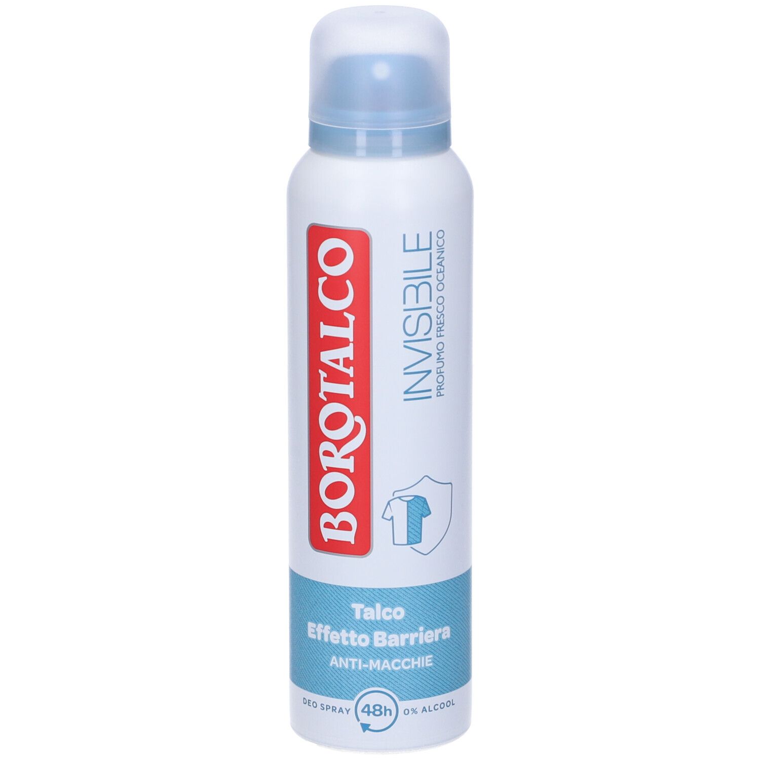 Bomboletta bianca con tappo blu. Scritta rossa Borotalco. Testo: Invisibile, Talco, Anti-macchie. 48h, 0% alcool.