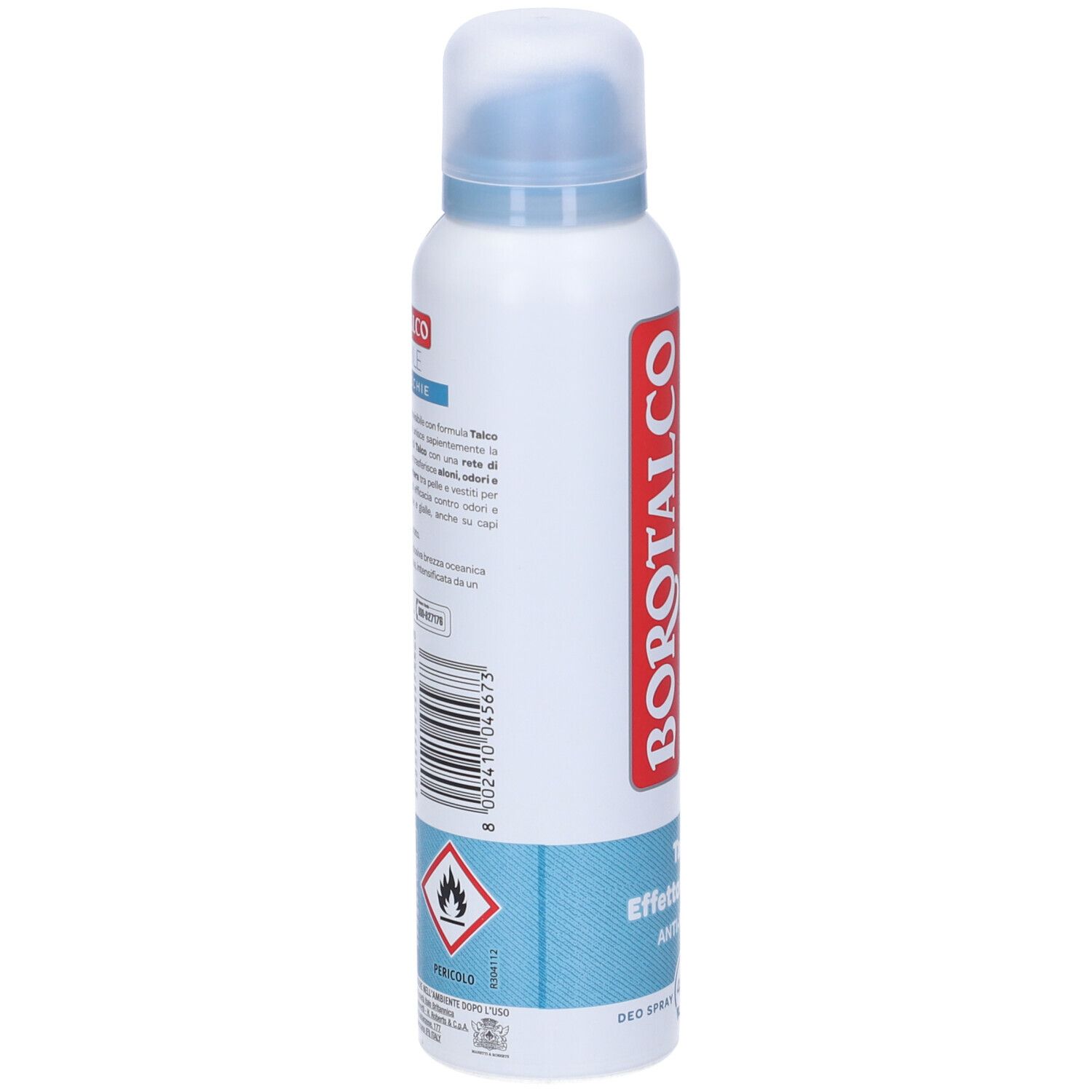 Bomboletta bianca con tappo blu. Scritta rossa Borotalco. Testo: Talco, Anti-macchie. Codice a barre e simbolo di pericolo.