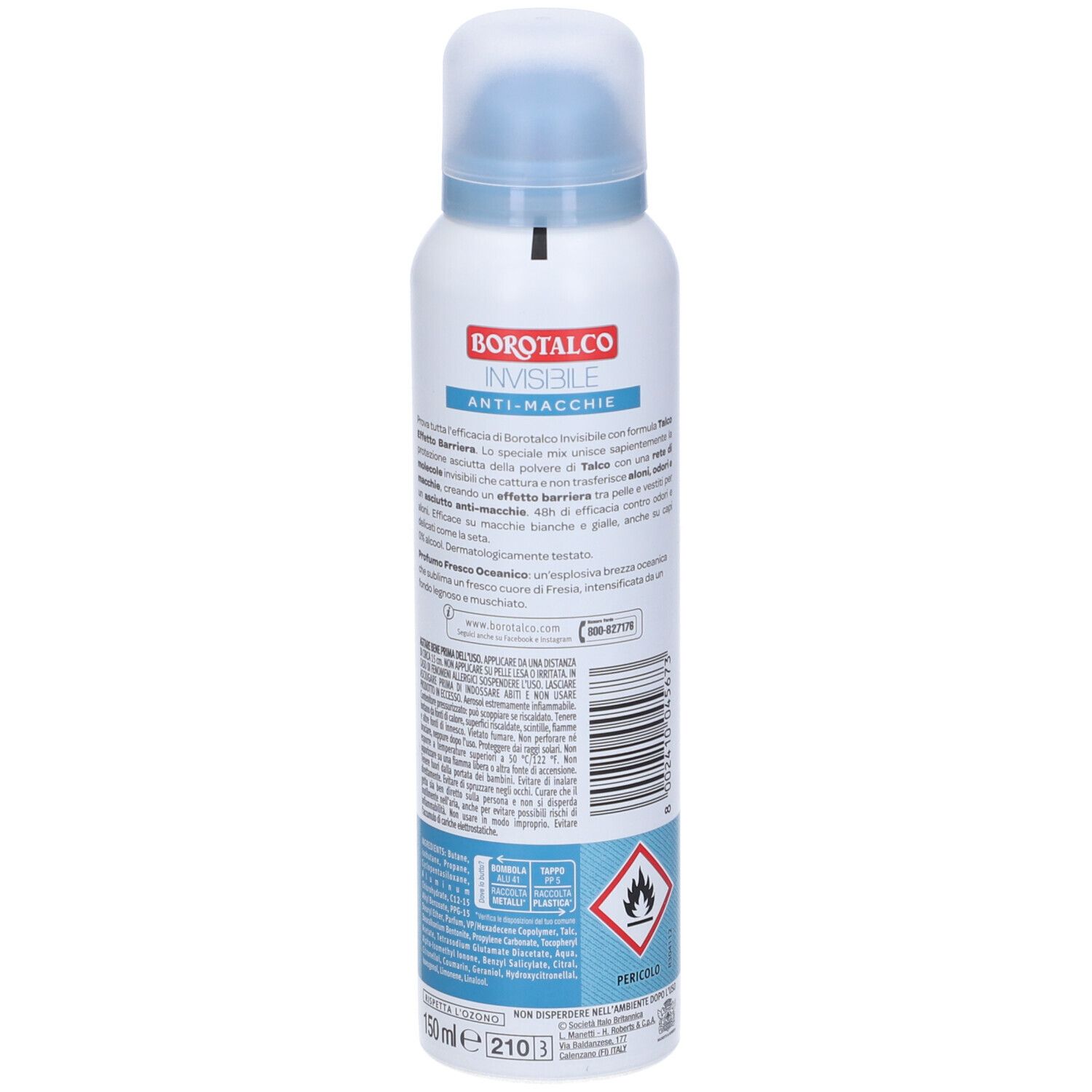 Bomboletta bianca con tappo blu. Testo: Borotalco Invisibile, Talco, Anti-macchie. Testo in italiano. Simbolo di pericolo.
