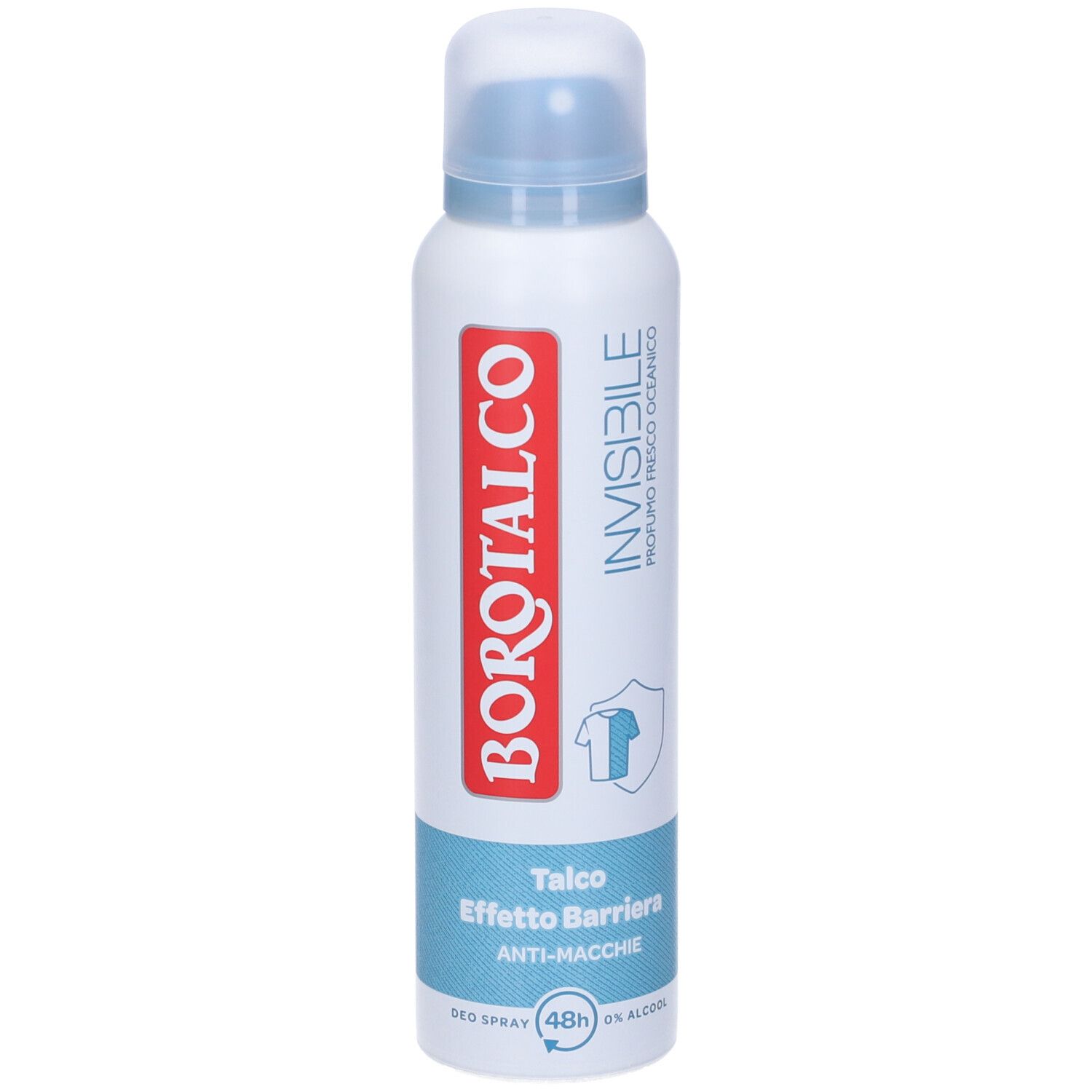 Bomboletta bianca con tappo blu. Scritta rossa Borotalco. Testo: Invisibile, Talco, Anti-macchie. 48h, 0% alcool.