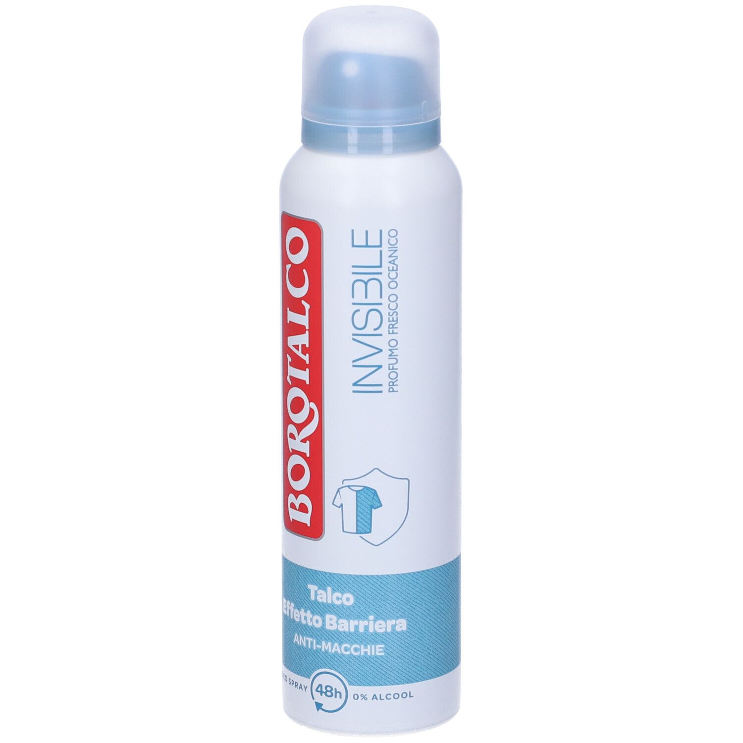 Bomboletta bianca con tappo blu. Scritta rossa Borotalco. Testo: Invisibile, Talco, Anti-macchie. 48h, 0% alcool.