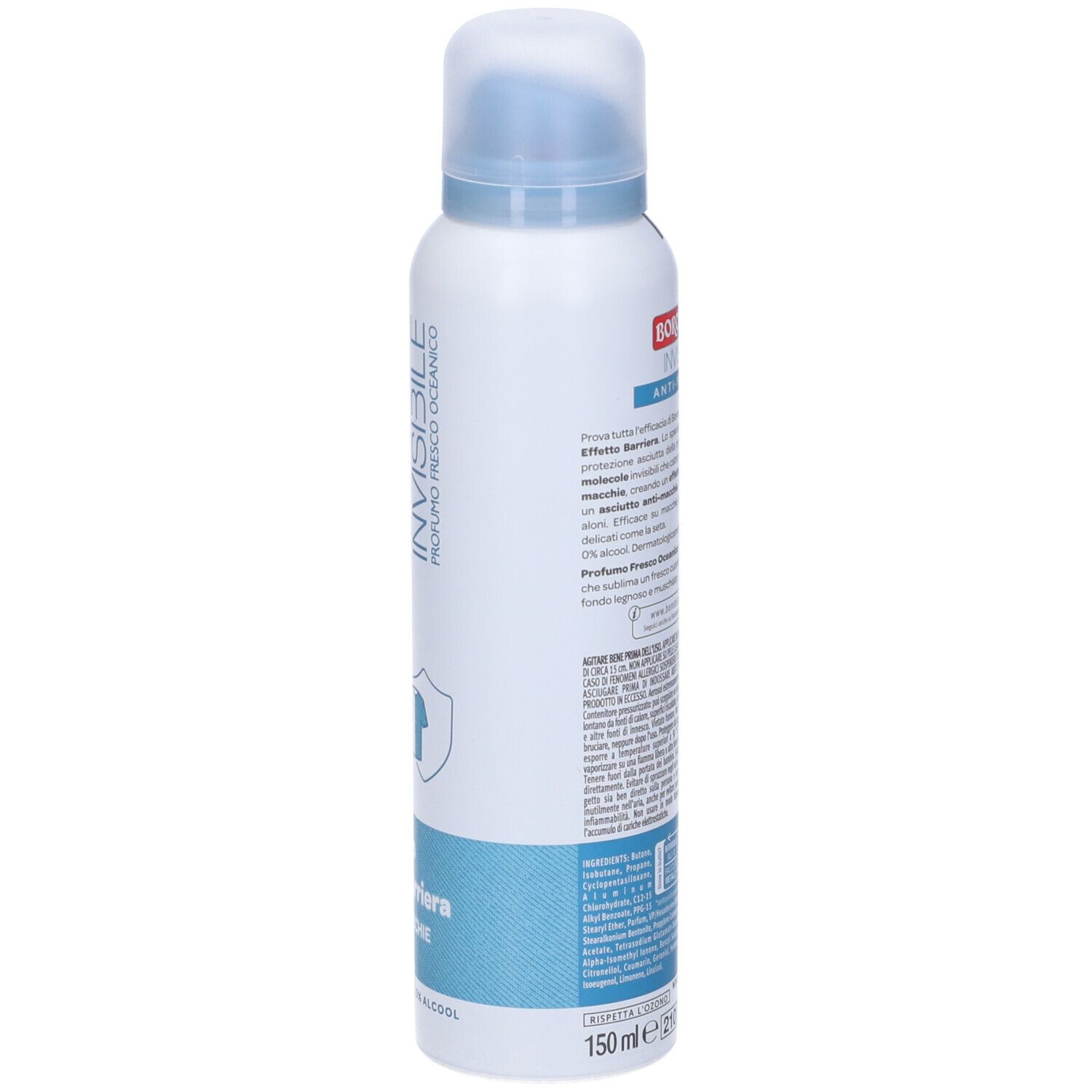 Bomboletta bianca con tappo blu. Testo: Borotalco Invisibile, Talco, Anti-macchie. Testo in italiano. 150ml.