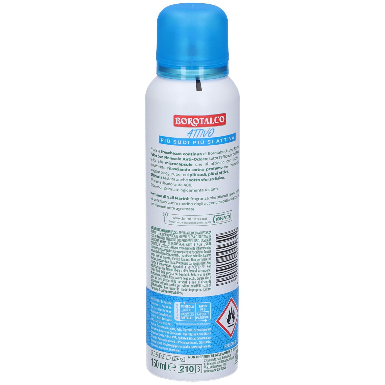 Bomboletta spray deodorante, bianca con tappo blu. Retro con testo, codice a barre e simbolo di pericolo. Testo: Profumo di Sali Marini.