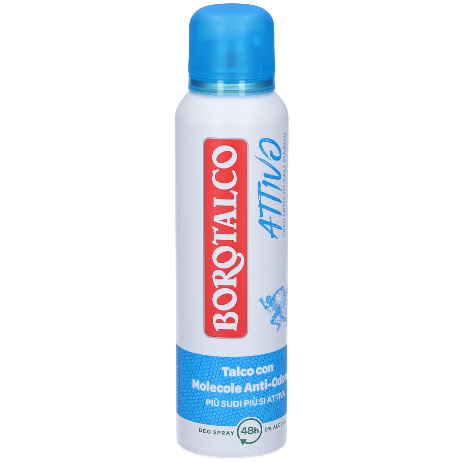 Bomboletta spray deodorante bianca e blu. Scritta rossa Borotalco, tappo blu. Testo: Attivo, Talco con Molecole Anti-Odore, Deo Spray.
