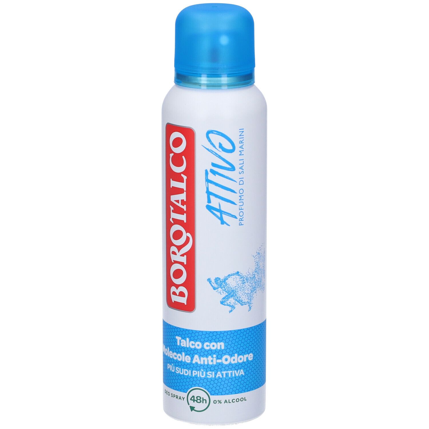 Bomboletta spray deodorante bianca e blu. Scritta rossa Borotalco, tappo blu. Testo: Attivo Profumo di Sali Marini, Talco con Molecole Anti-Odore.