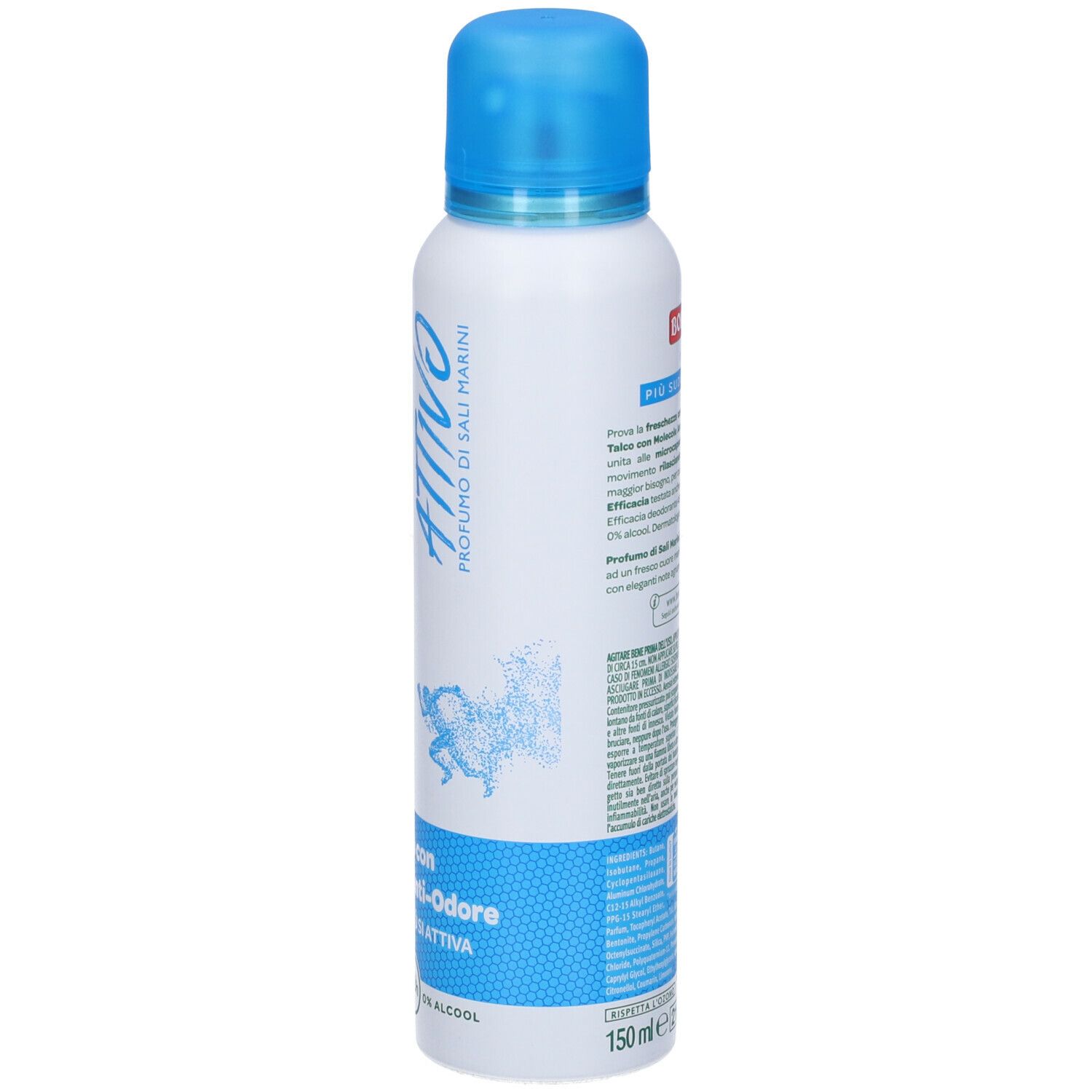 Bomboletta spray deodorante, bianca con tappo blu. Retro con testo, codice a barre e simbolo di pericolo. Testo: Profumo di Sali Marini, 150ml.