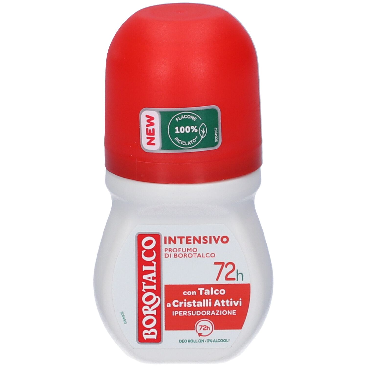 Roll-on bianco con tappo rosso. Scritta: Borotalco Intensivo, 72h, con talco e cristalli attivi. Flacone 100% riciclato.
