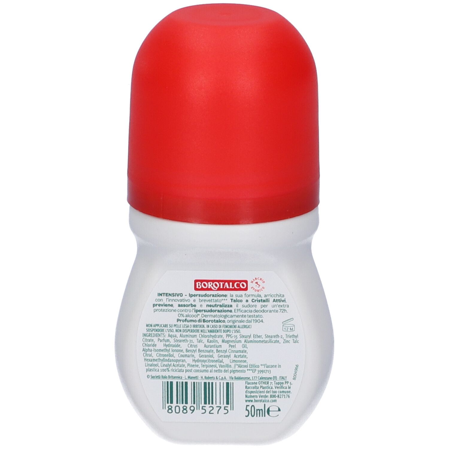 Retro del roll-on bianco con tappo rosso. Informazioni testuali sul prodotto e ingredienti. 50ml.
