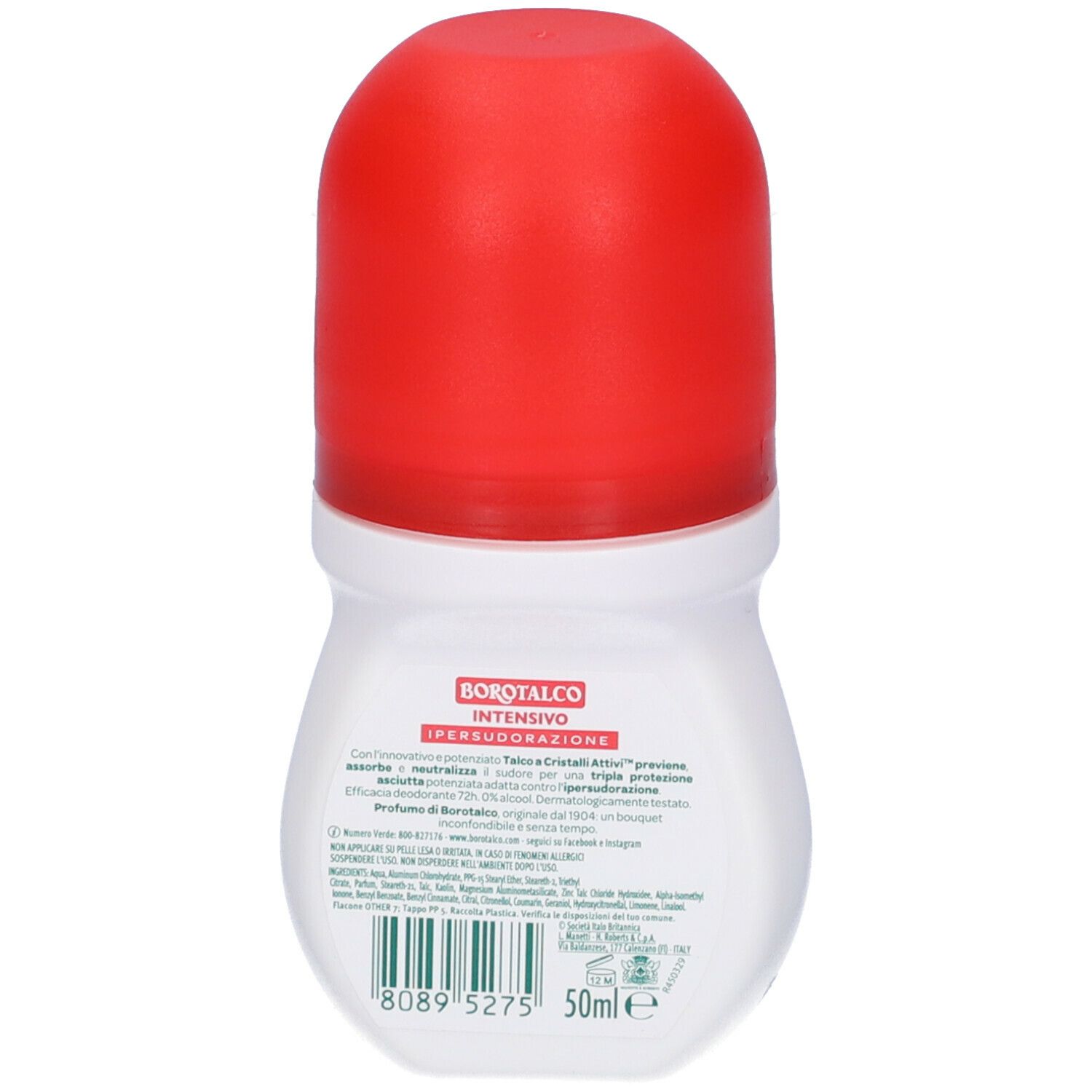 Retro del roll-on bianco con tappo rosso. Informazioni testuali sul prodotto e ingredienti. 50ml.