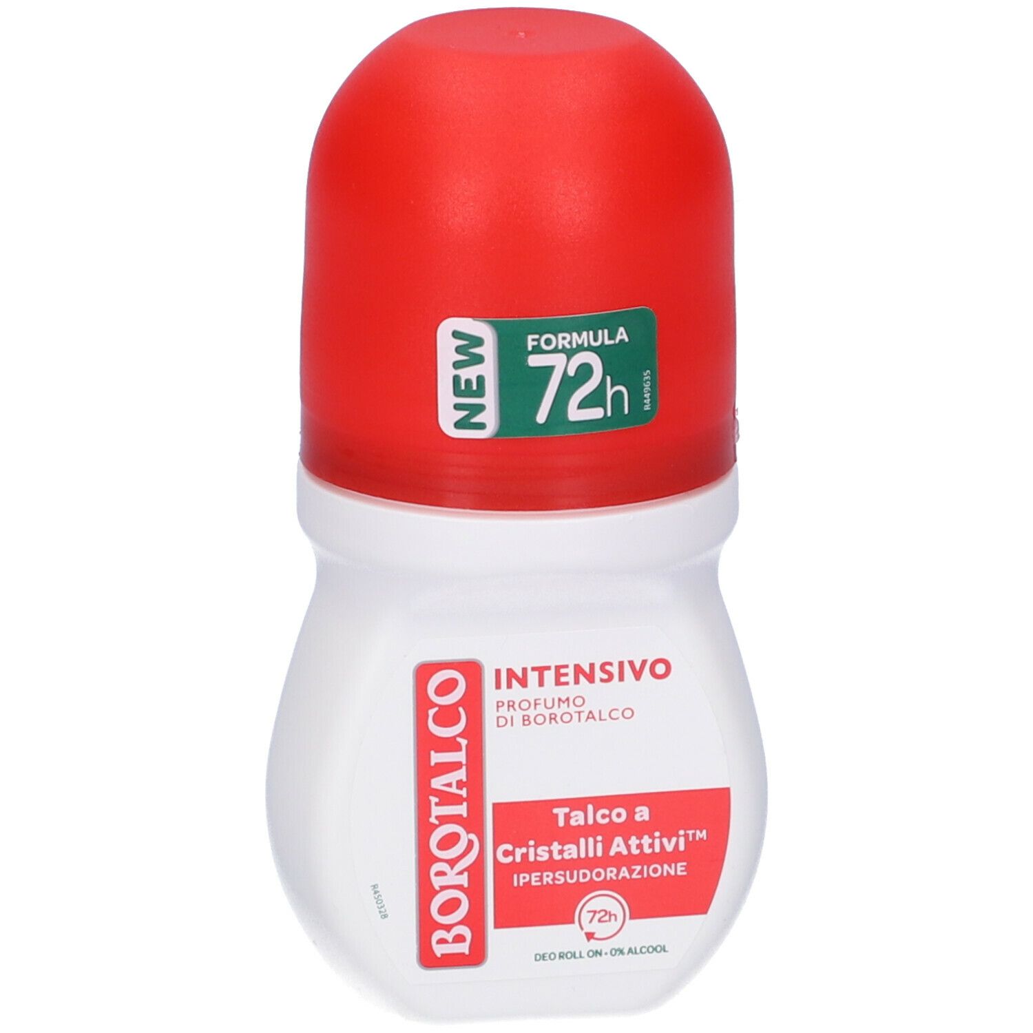 Roll-on bianco con tappo rosso. Scritta: Borotalco Intensivo, 72h, con talco e cristalli attivi. Nuovo.