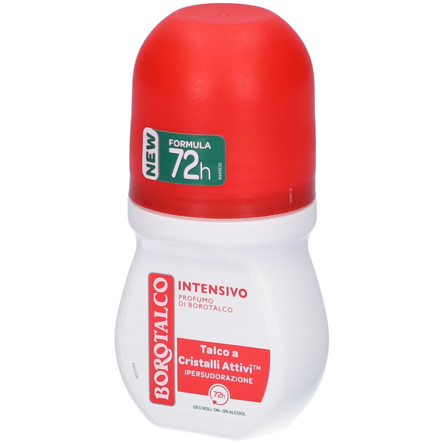 Roll-on bianco con tappo rosso. Scritta: Borotalco Intensivo, 72h, con talco e cristalli attivi. Nuovo.
