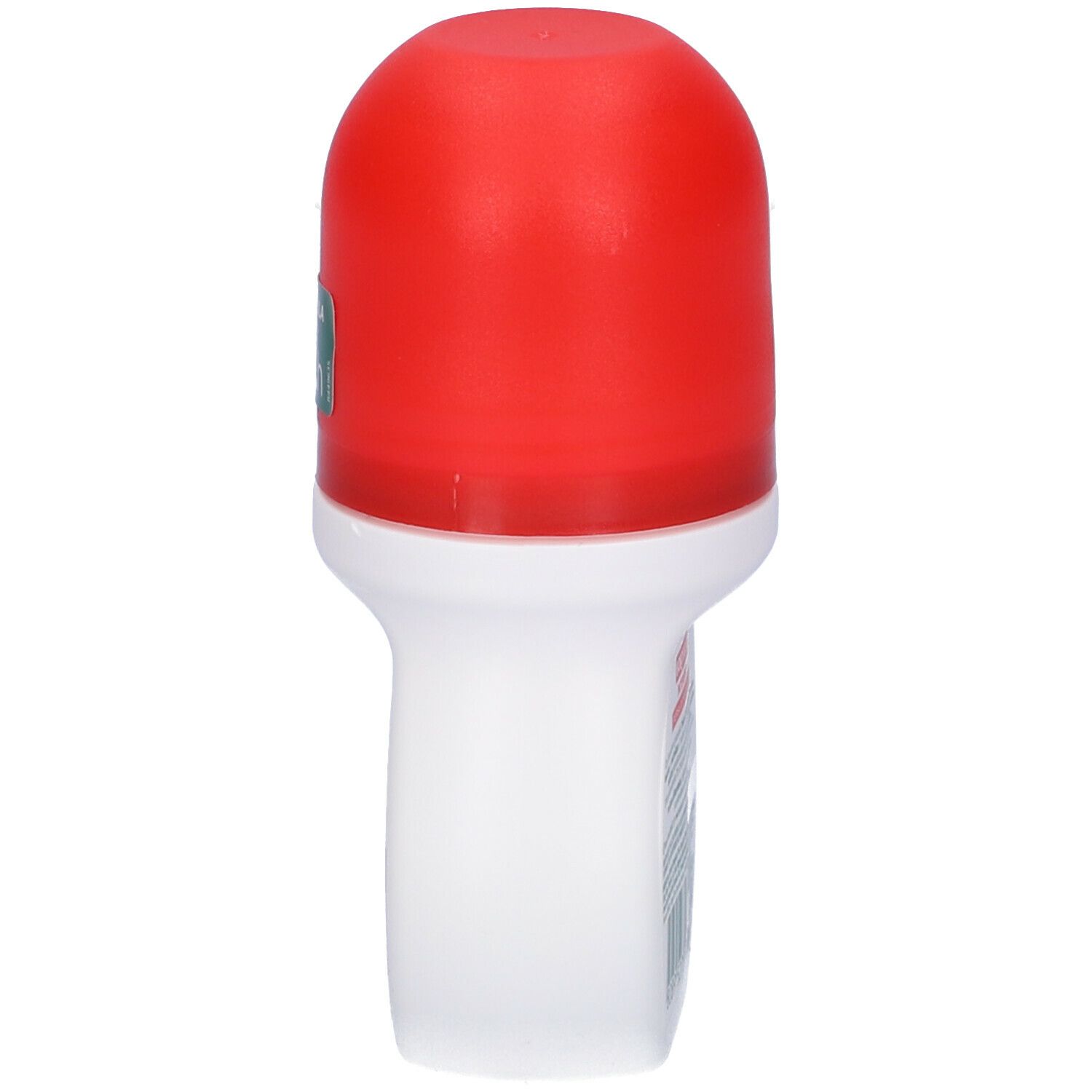 Vista laterale di un roll-on bianco con tappo rosso. Nessun altro dettaglio visibile.