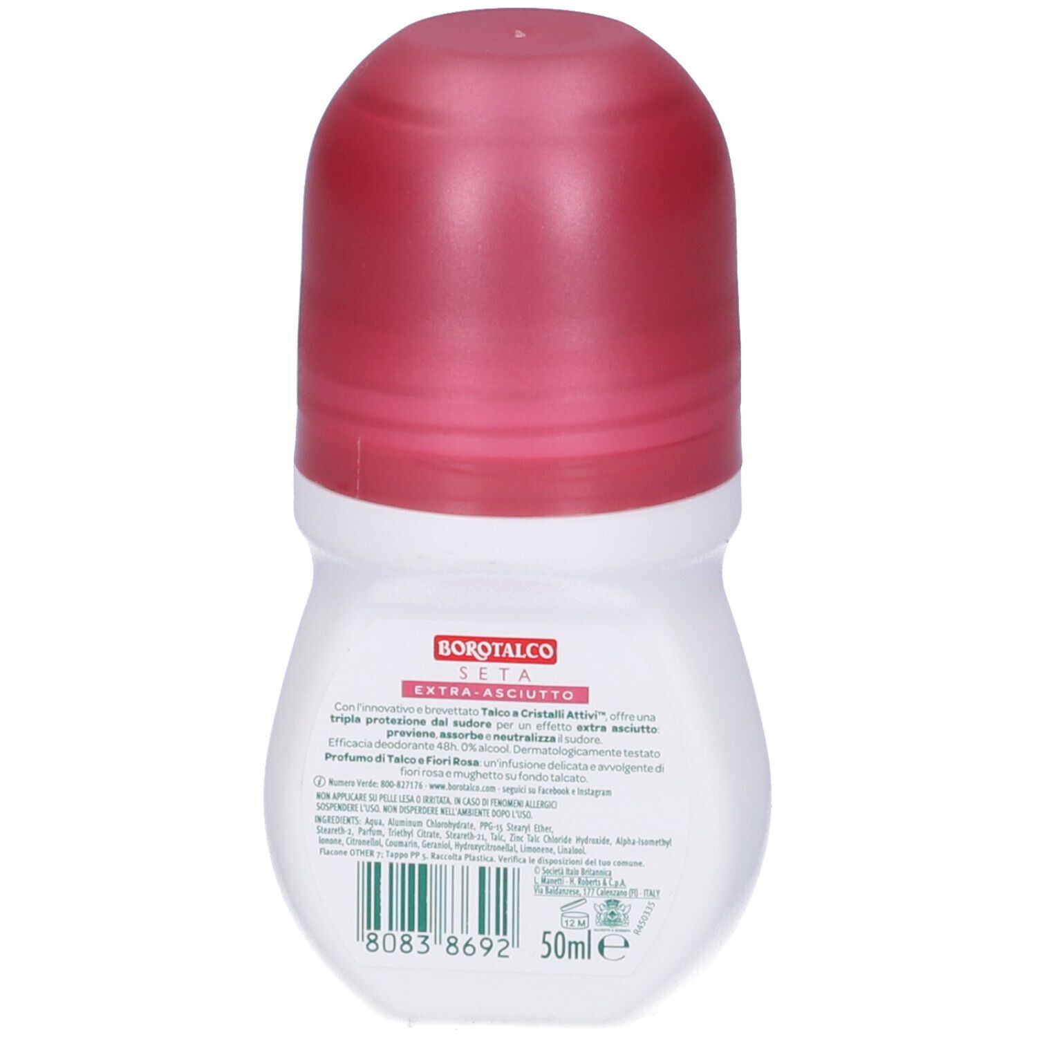 Roll-on deodorante, retro. Contenitore bianco, scritta rossa: Borotalco Seta. Testo e codice a barre. 50ml.