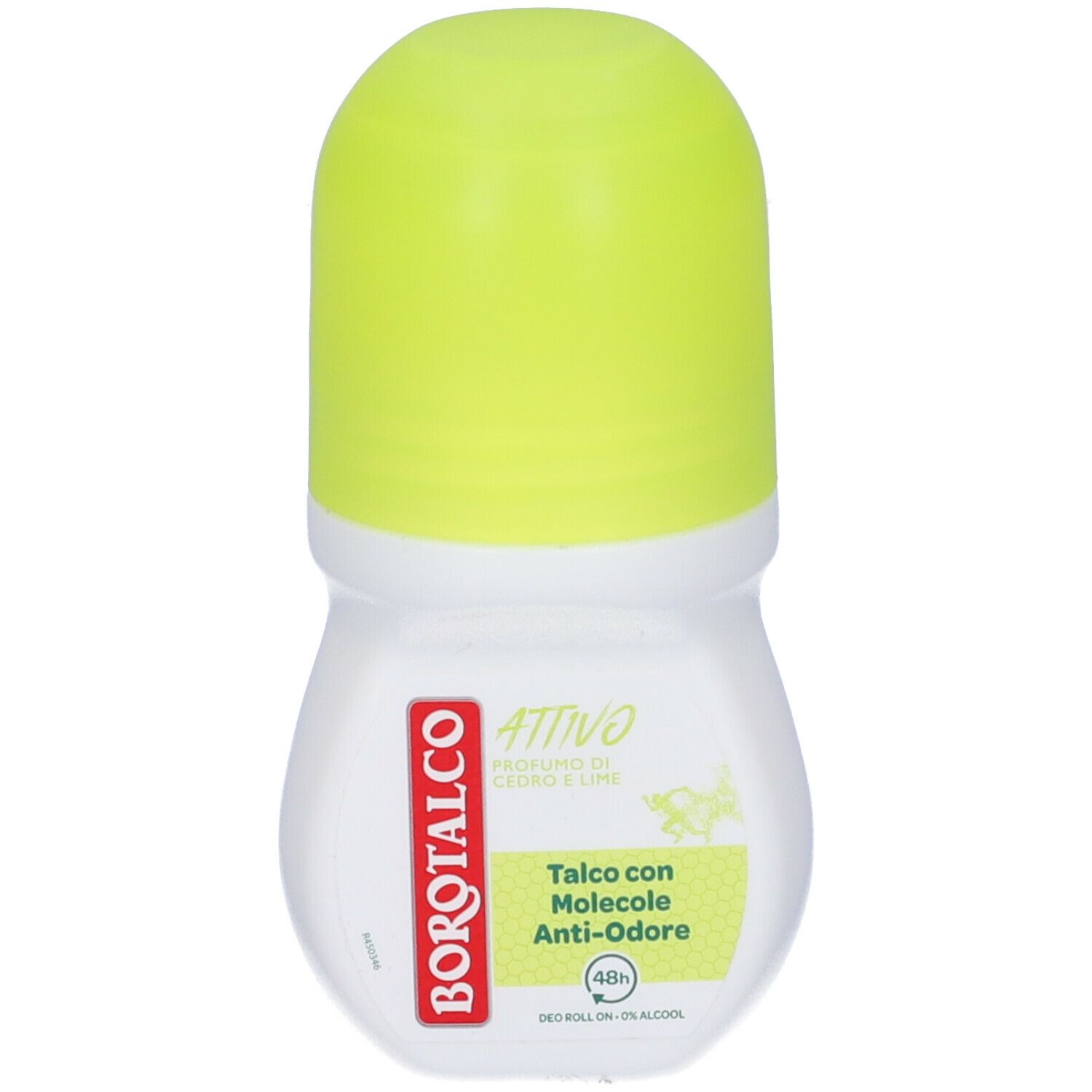 Roll-on bianco con tappo giallo. Scritta rossa Borotalco, testo: Attivo, Talco con Molecole Anti-Odore.