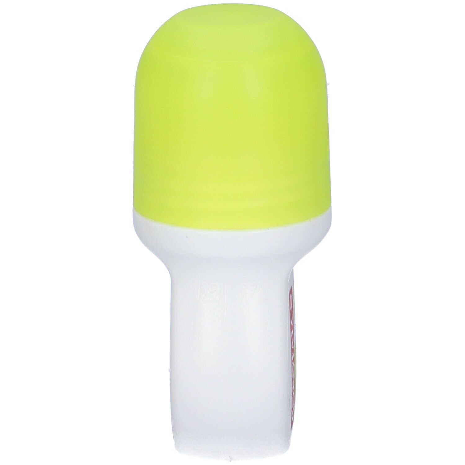Roll-on bianco con tappo giallo. Vista frontale.
