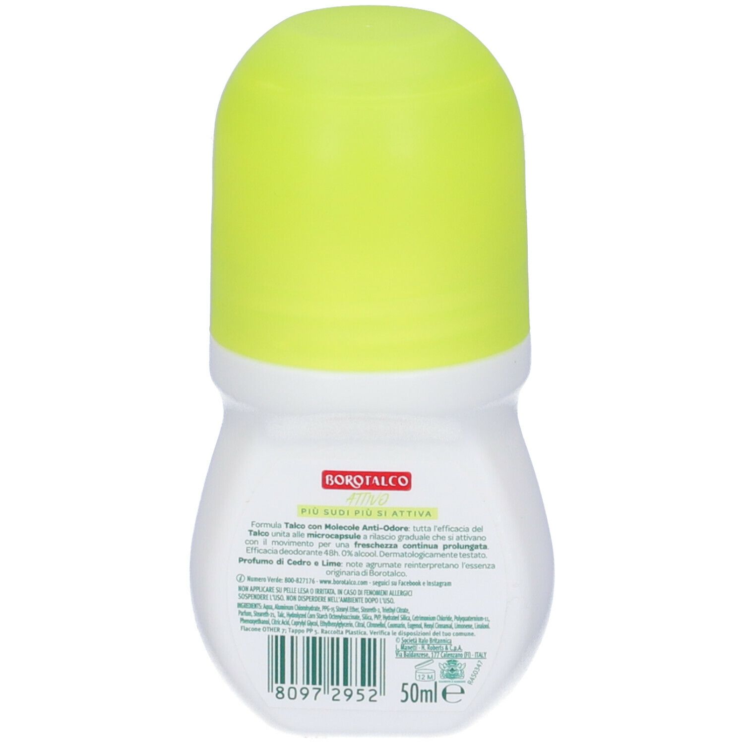 Roll-on bianco con tappo giallo. Retro con testo.