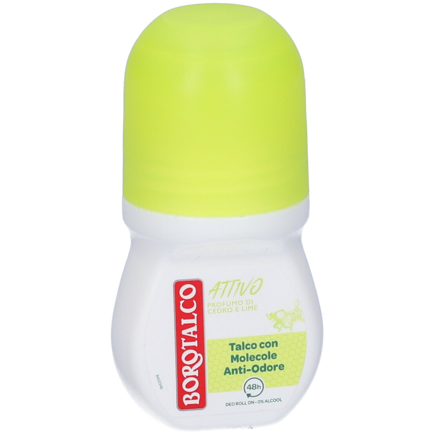 Roll-on bianco con tappo giallo. Scritta rossa Borotalco, testo: Attivo, Talco con Molecole Anti-Odore.