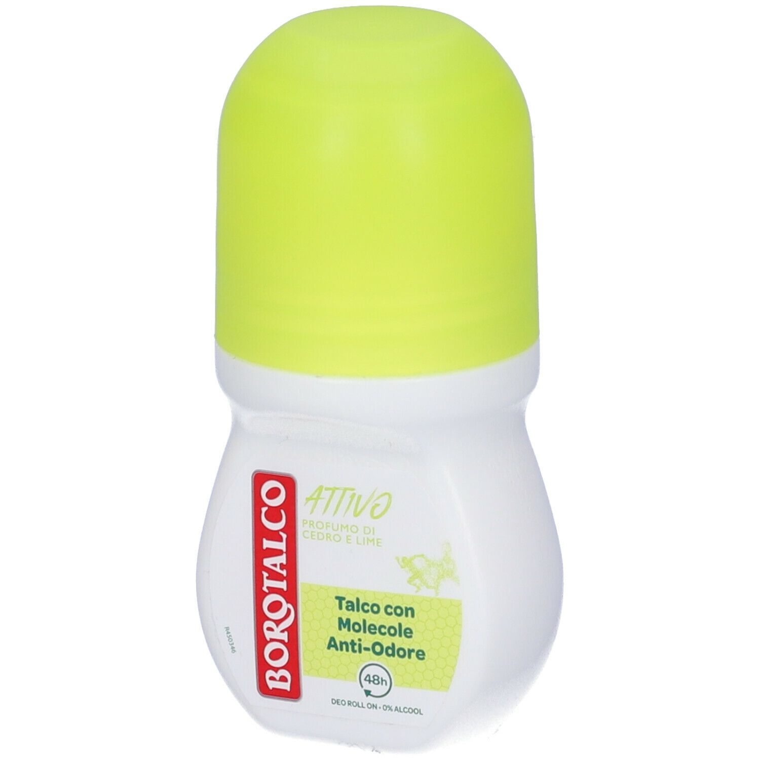 Roll-on bianco con tappo giallo. Scritta rossa Borotalco, testo: Attivo, Talco con Molecole Anti-Odore.