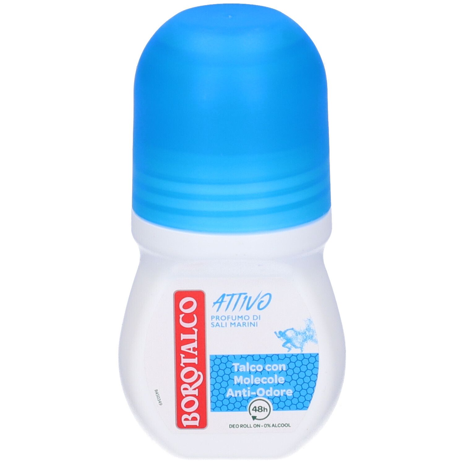 Roll-on con tappo blu. Scritta Borotalco, Attivo, Talco con Molecole Anti-Odore. 48h.