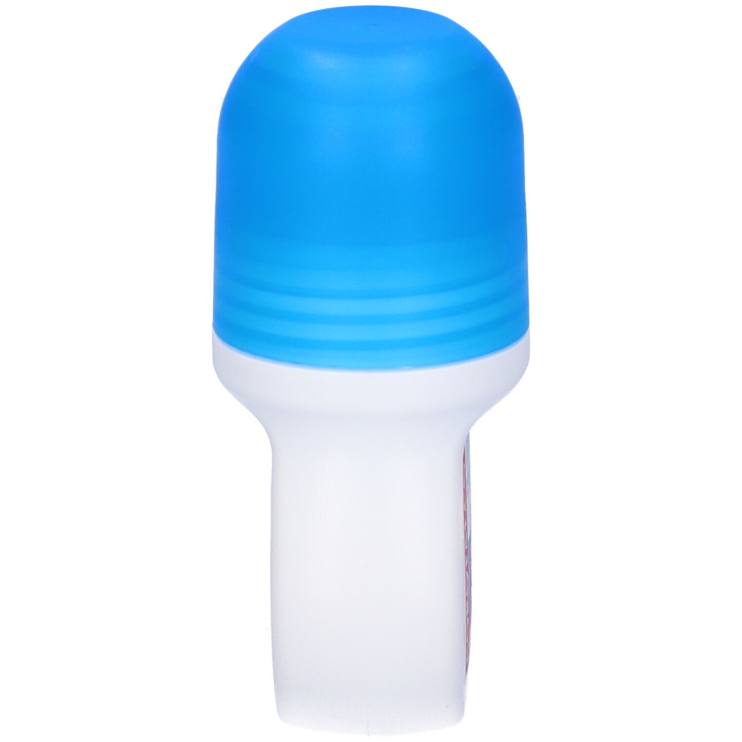 Roll-on bianco con tappo blu. Vista verticale. Nessun altro dettaglio.