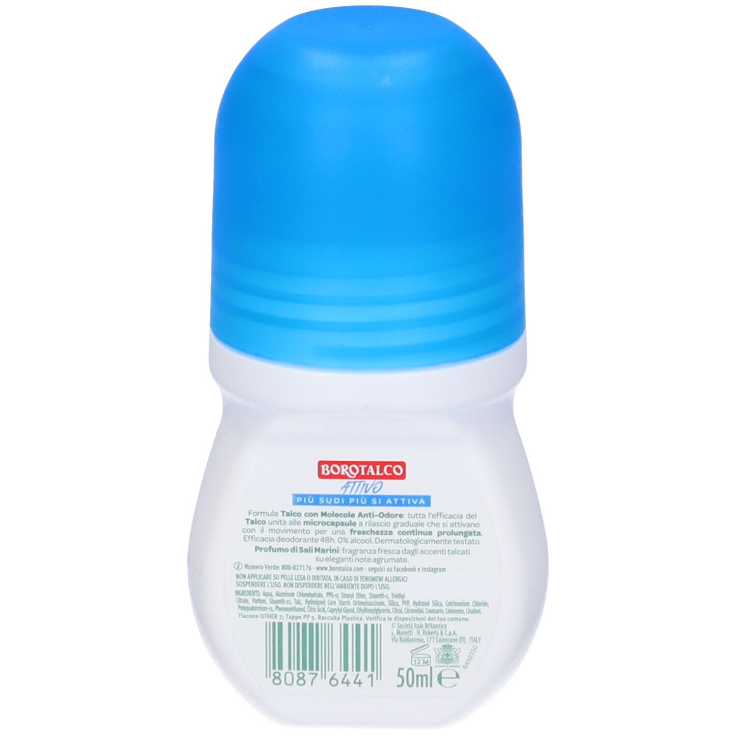 Retro di un roll-on. Scritta Borotalco, Attivo, 50ml. Testo in italiano.