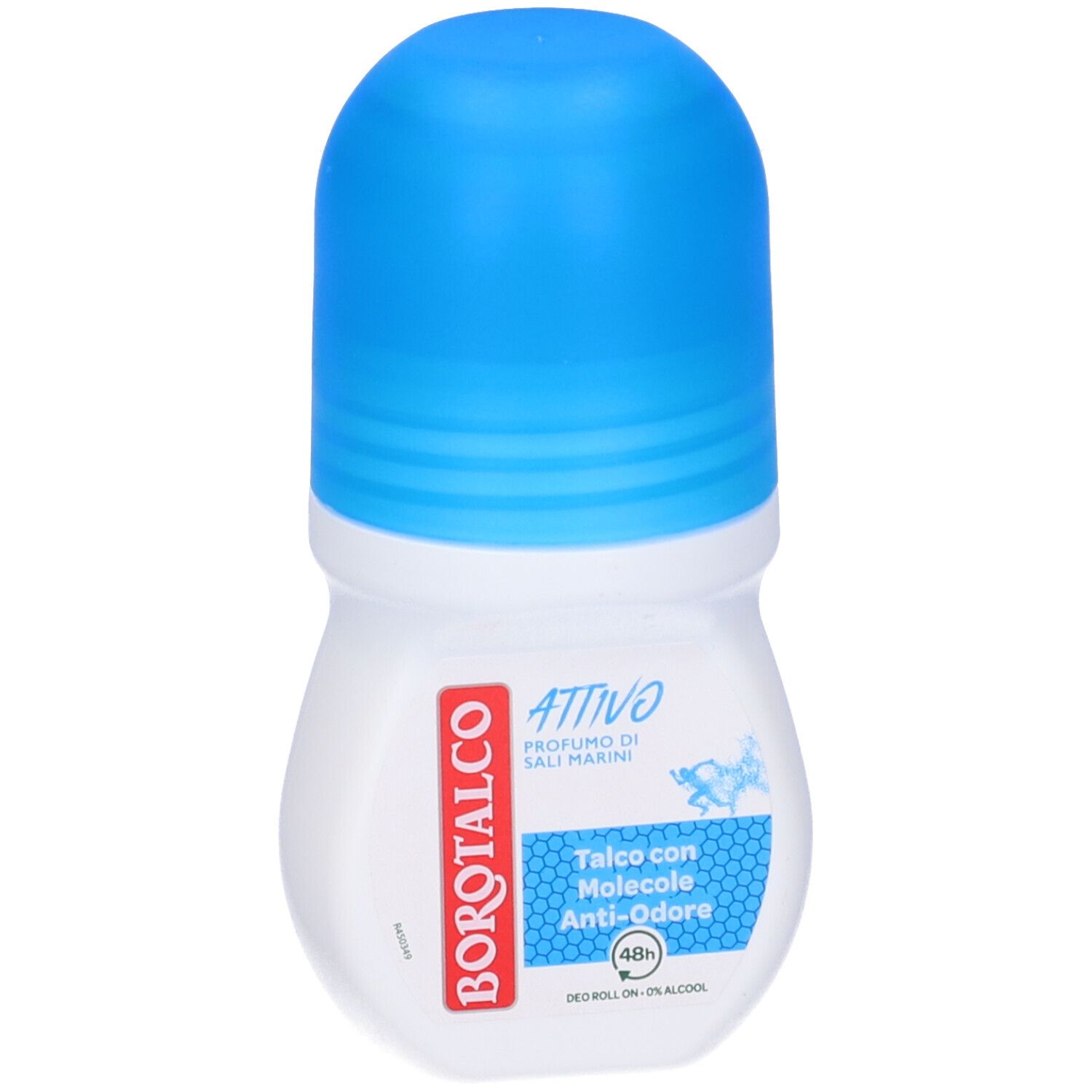Roll-on con tappo blu. Scritta Borotalco, Attivo, Talco con Molecole Anti-Odore. 48h.