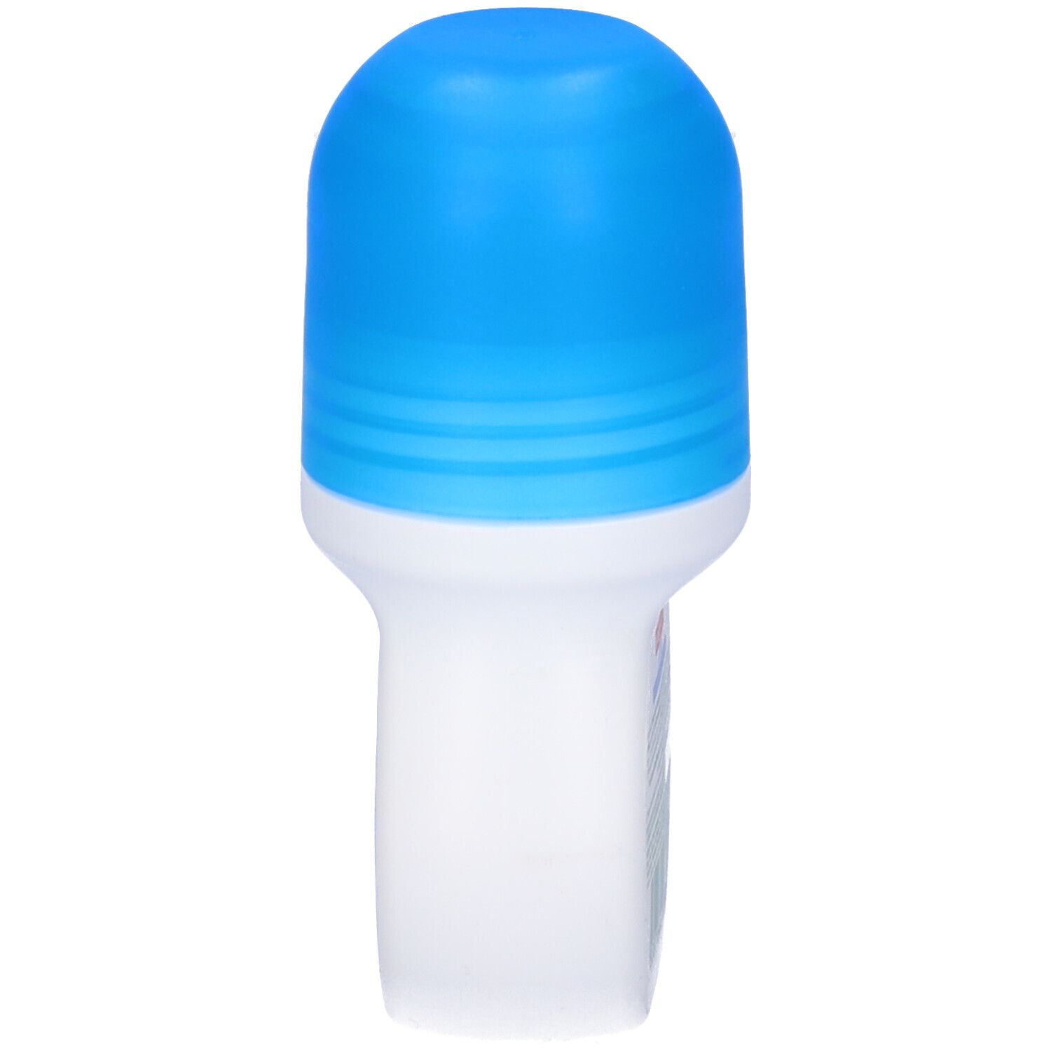 Roll-on bianco con tappo blu. Vista verticale. Nessun altro dettaglio.