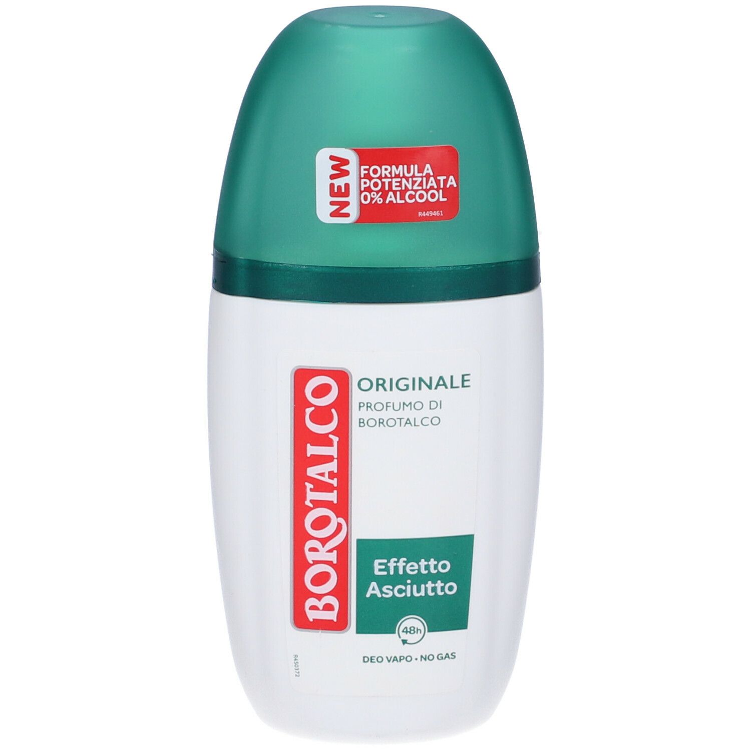 Roll-on deodorante bianco e verde. Scritte: Borotalco, Originale, Effetto Asciutto. Con etichetta rossa 'NEW'.