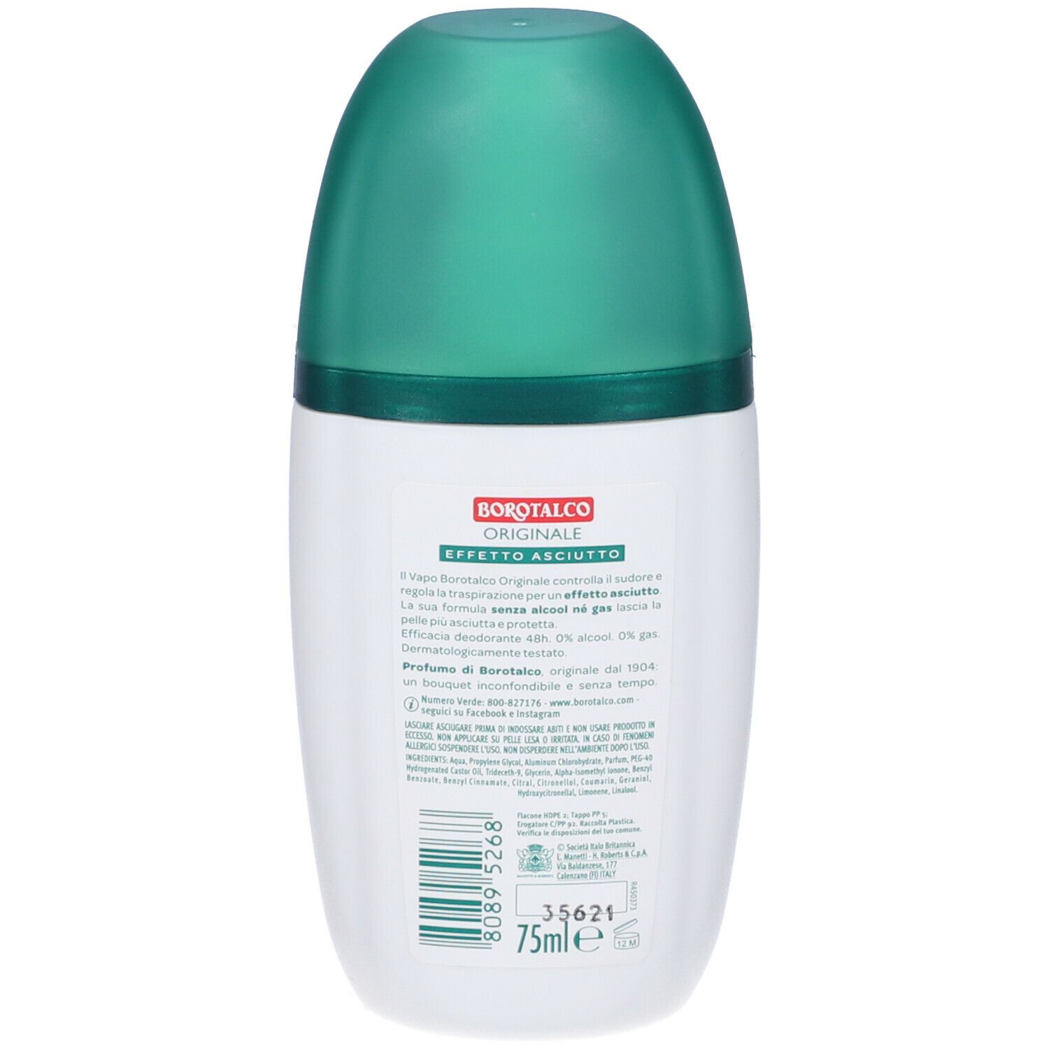 Retro di un roll-on deodorante bianco e verde. Informazioni testuali e codice a barre.