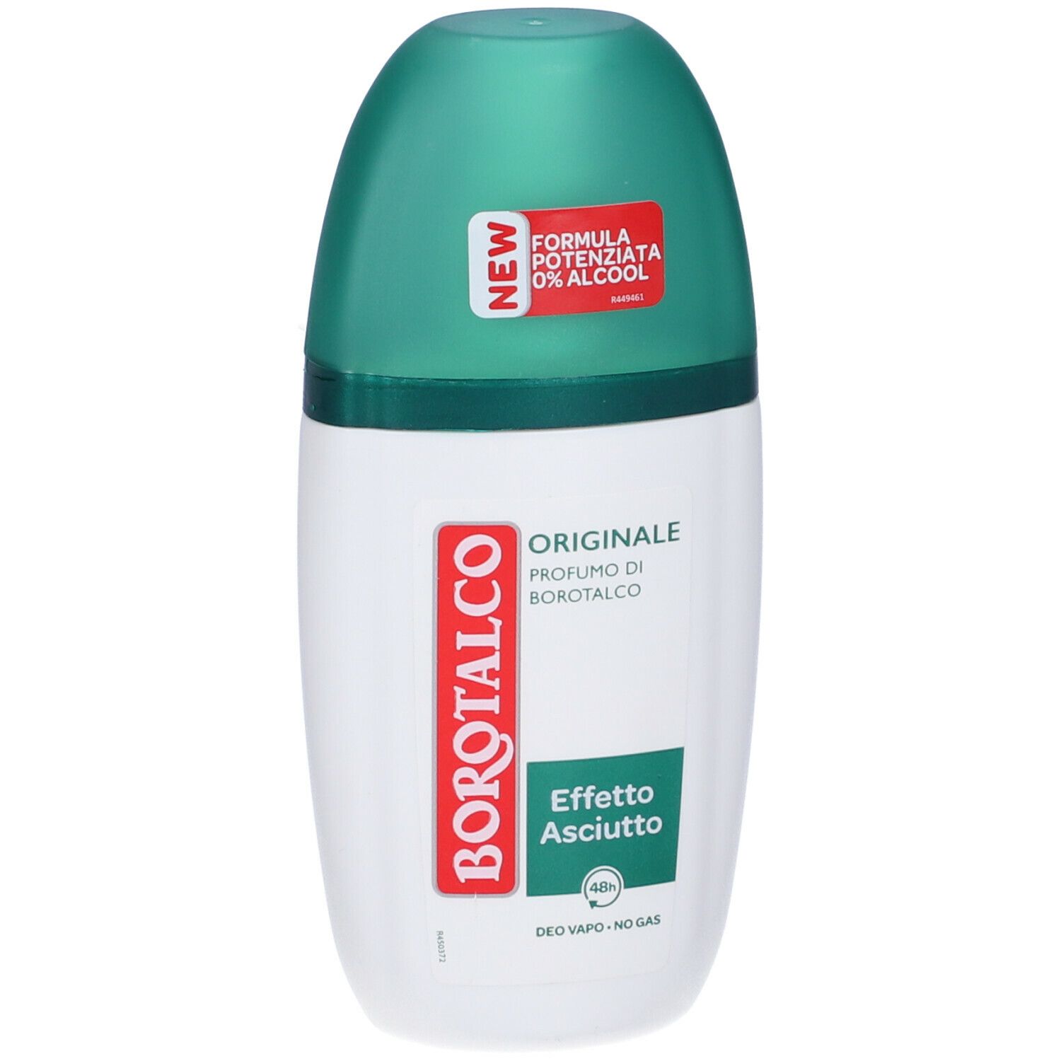 Roll-on deodorante bianco e verde. Scritte: Borotalco, Originale, Effetto Asciutto. Con etichetta rossa 'NEW'.