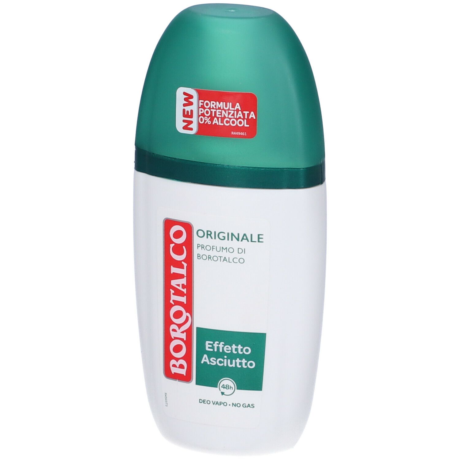 Roll-on deodorante bianco e verde. Scritte: Borotalco, Originale, Effetto Asciutto. Con etichetta rossa 'NEW'.